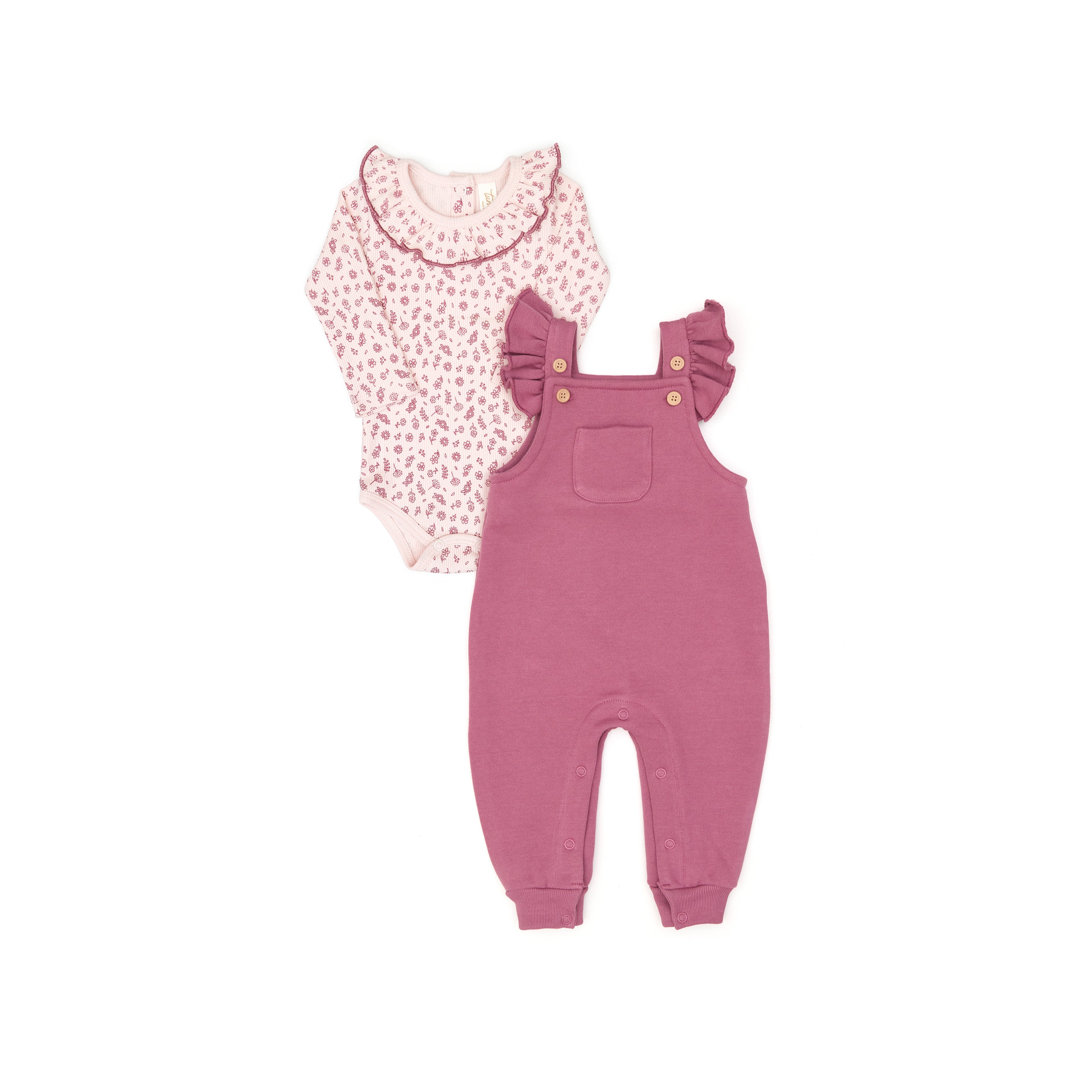 Set 2pcs Body Bobo Algodón Rib + Overall Bobo Algodón afranelado Rosado Flores Mauve / Mauve