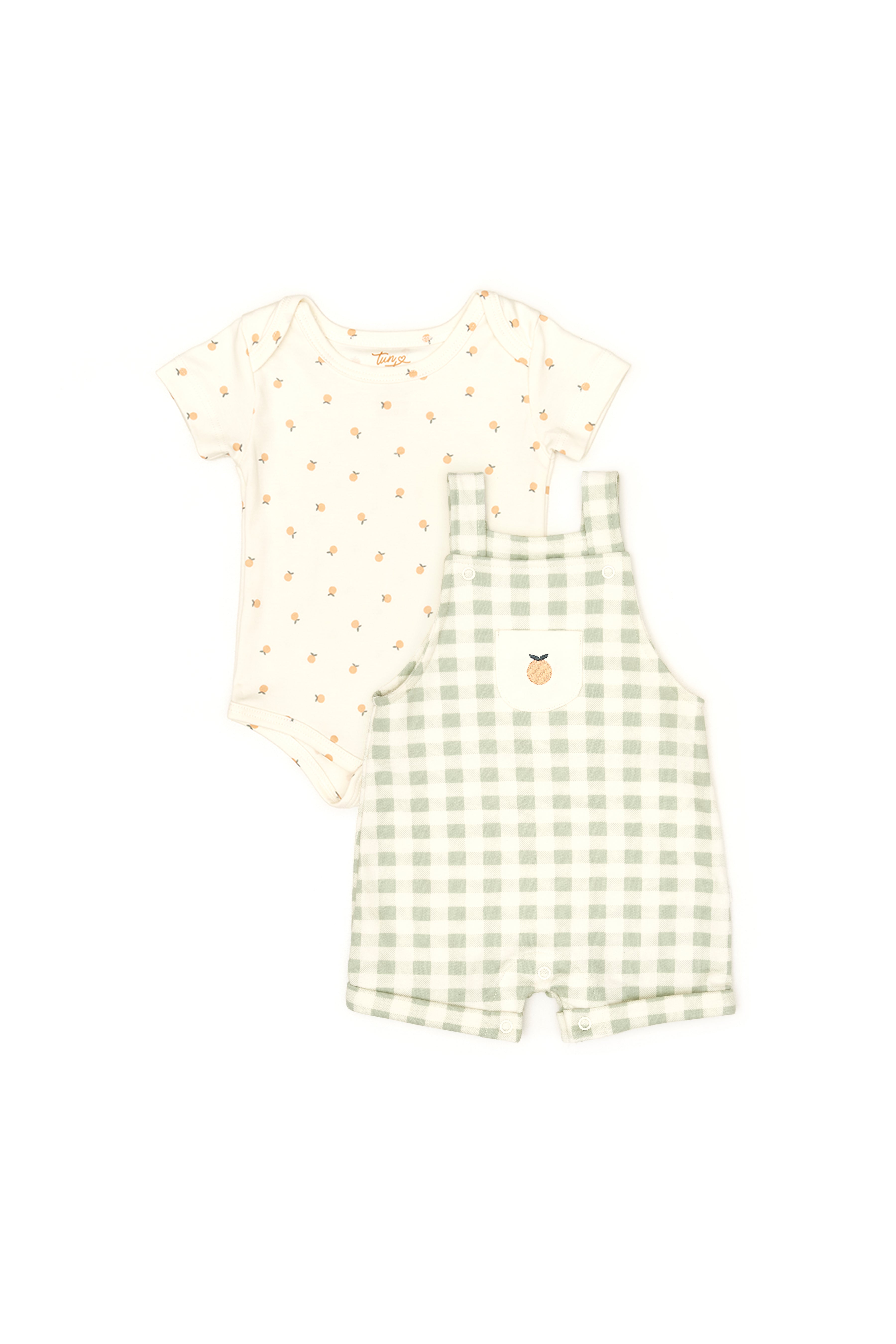 Conjunto 2PCS Body Perla Naranjas de Algodón Pima + Overall Cuadros Verde French Terry