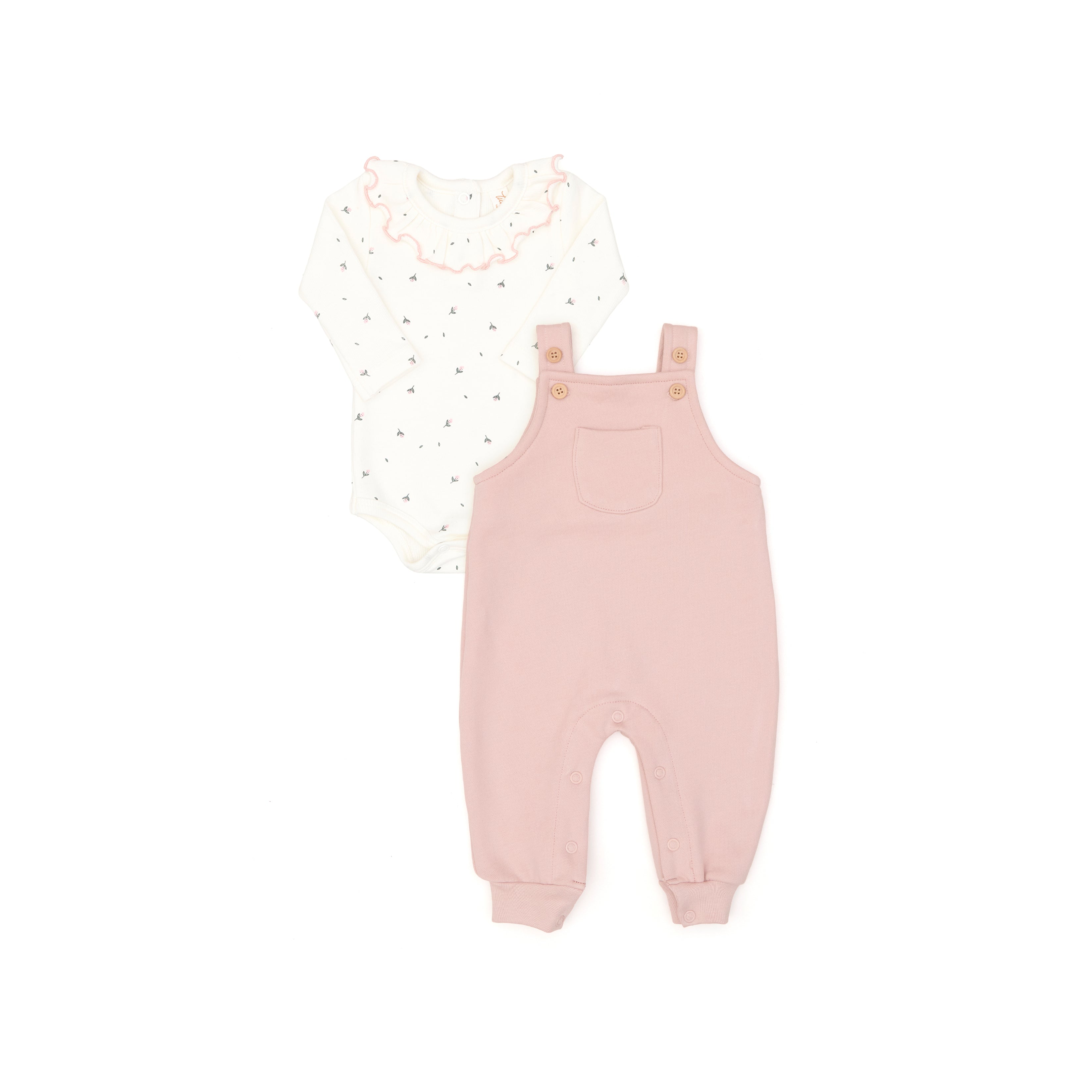 Set 2pcs Body Bobo Algodón Rib + Overall Algodón afranelado Perla Flores / Rosado