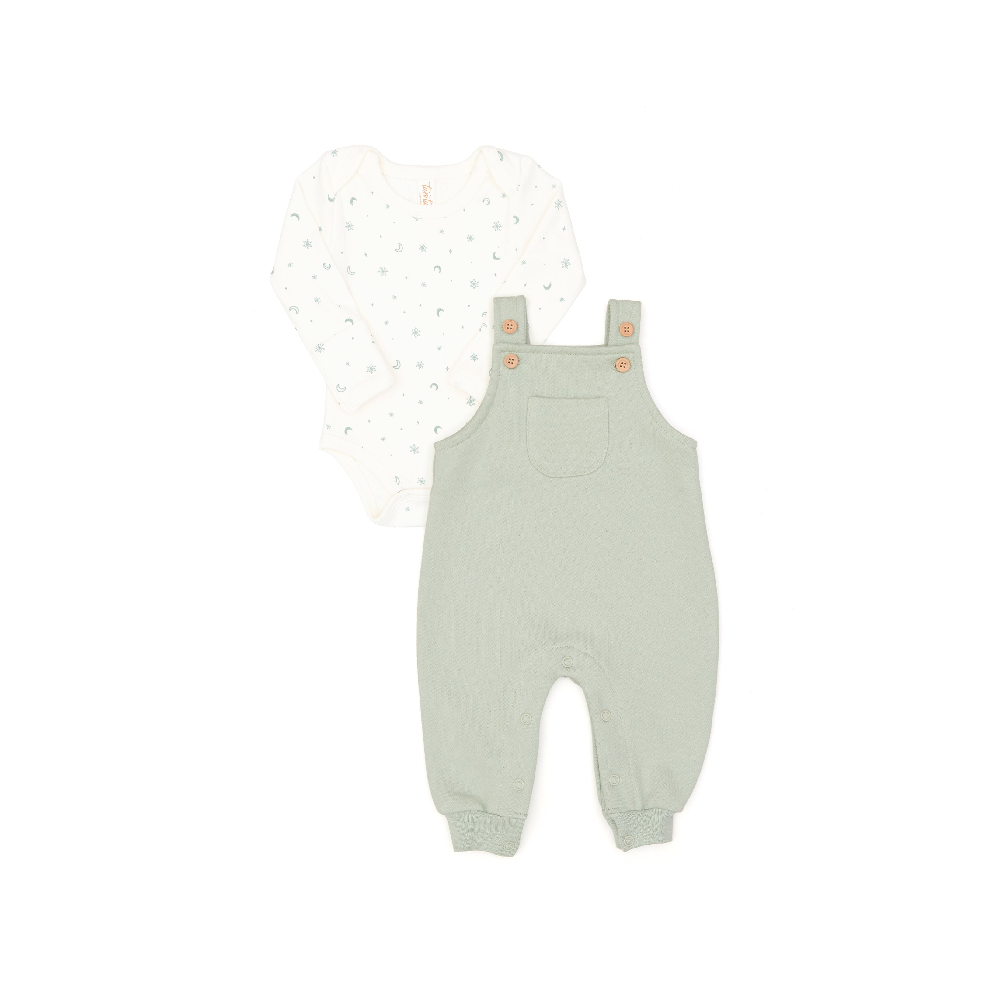 Set 2 pcs Body Algodón Rib + Overall Algodón afranelado Copos De Nieve / Verde