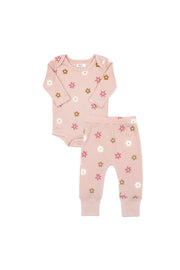 Set 2 pcs Body + Pantalon Rosado Flores de Algodón Pima