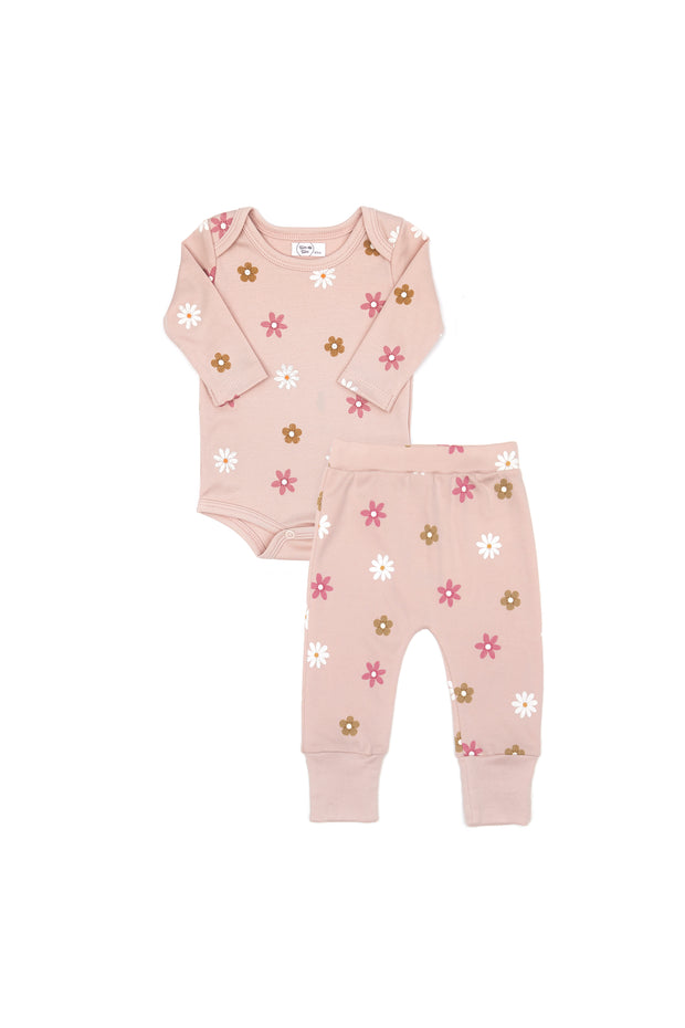 Set 2 pcs Body + Pantalon Rosado Flores de Algodón Pima