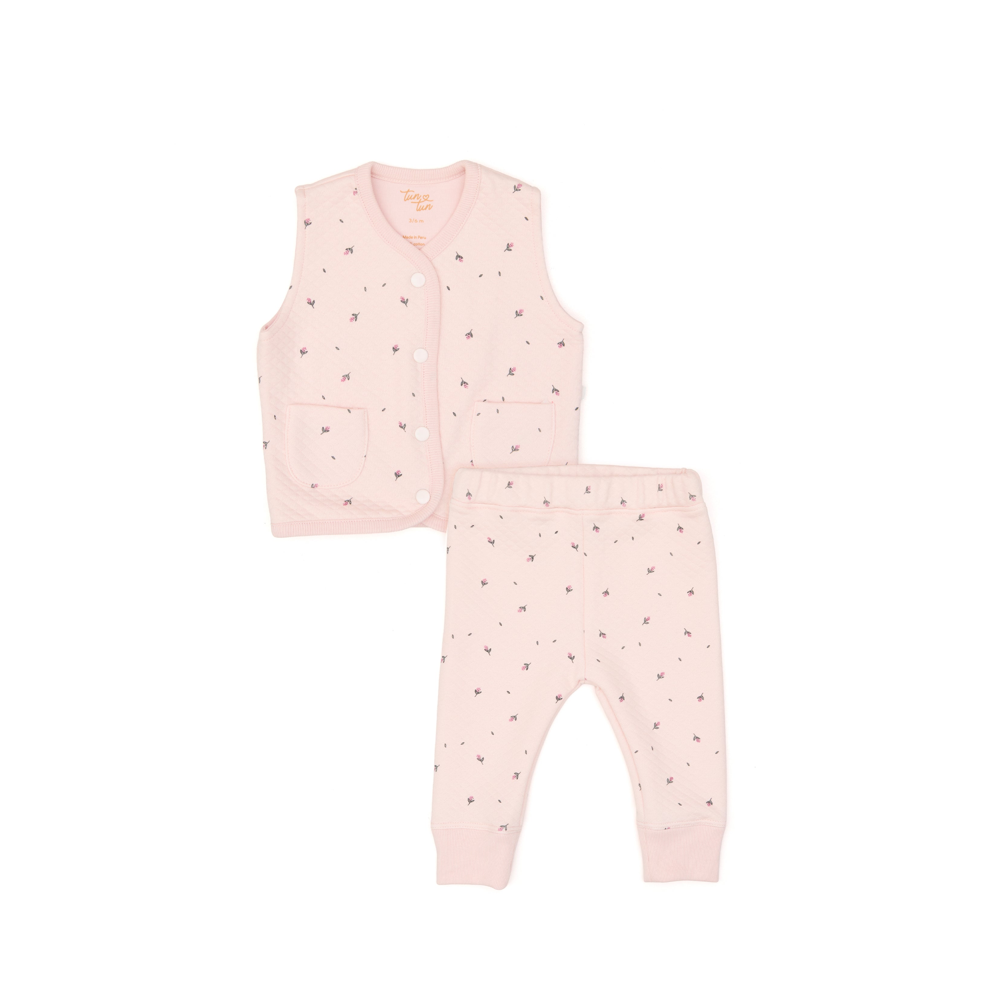 Conjunto de 2pcs Chaleco + Pant de Algodón Jacquard Rosado Flores