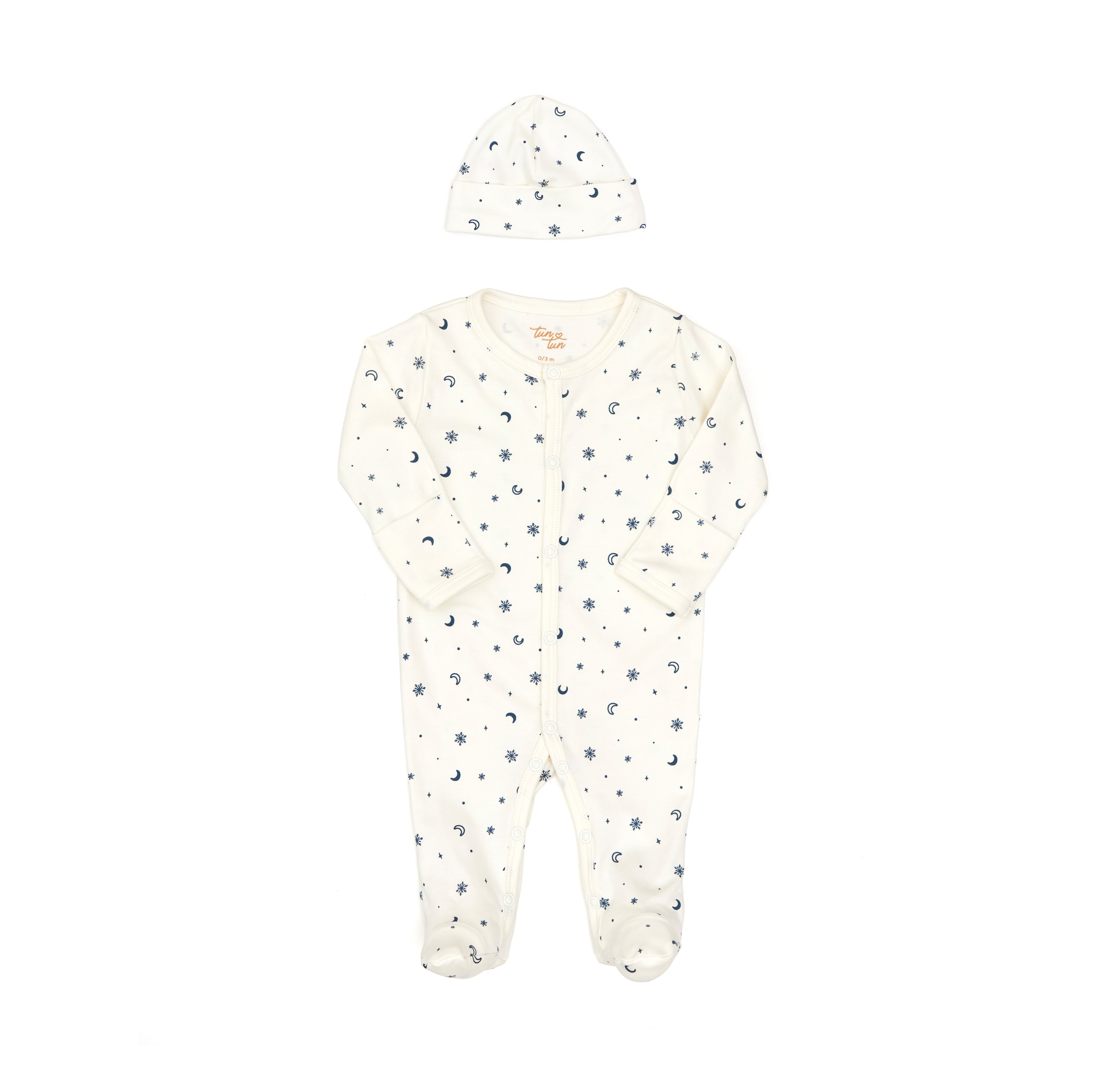 Ajuar 3pcs  Enterizo Broche + Gorro + Manta de Copos De Nieve de Algodón Pima