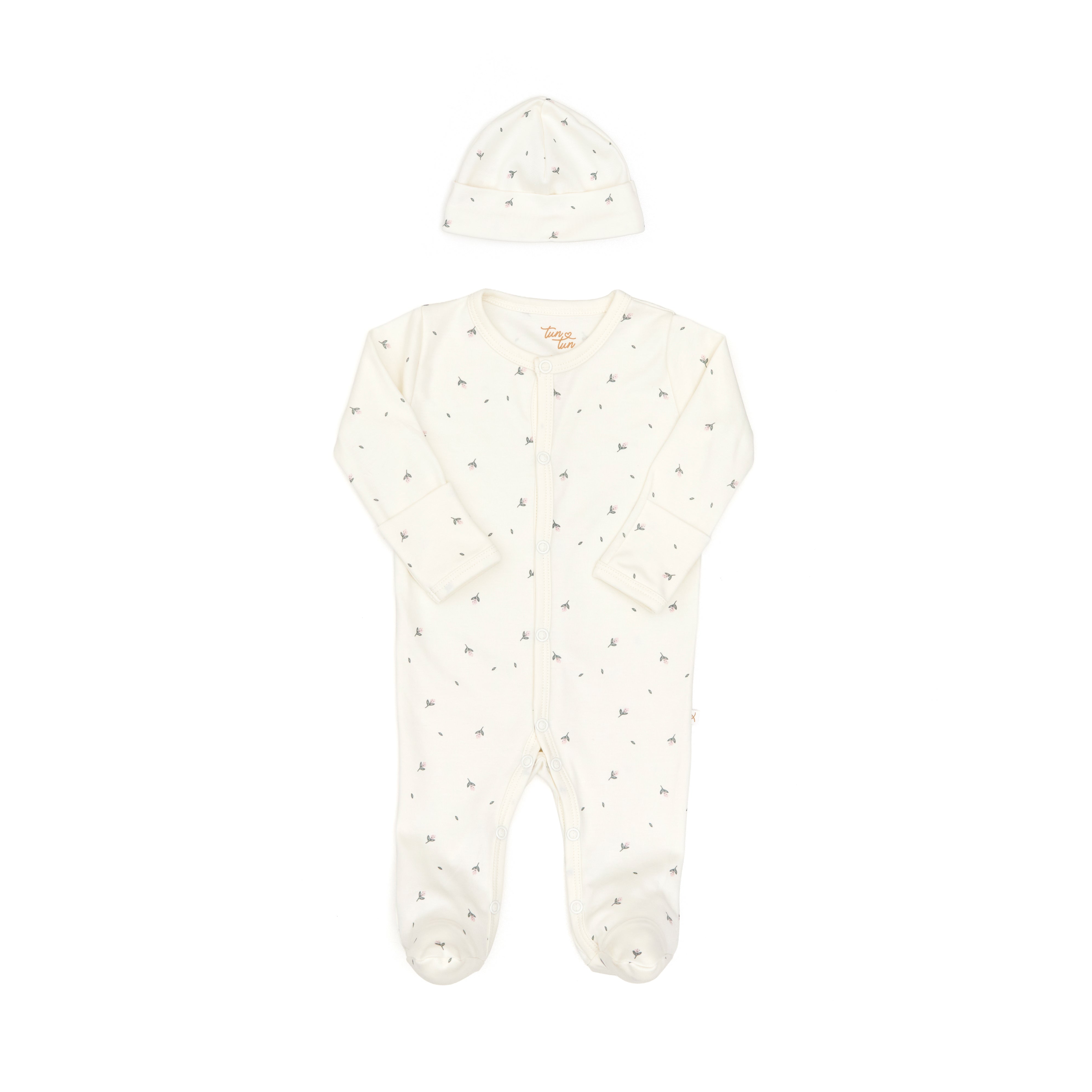 Set 2 Pcs Enterizo Broches + Gorro Crema Flores de Algodón pima