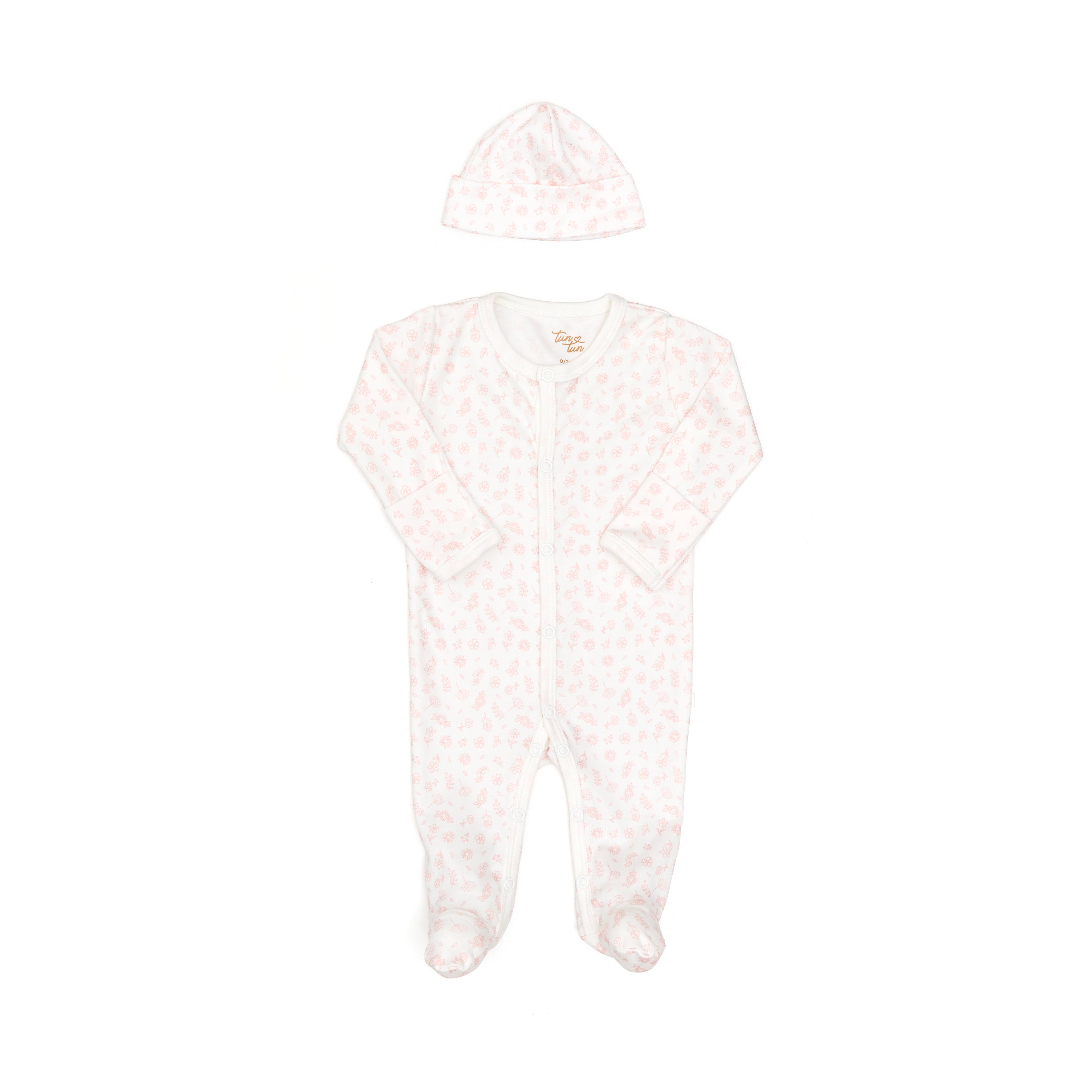 Set 2 Pcs Enterizo Broches + Gorro Perla Flores Rosadas de Algodón pima