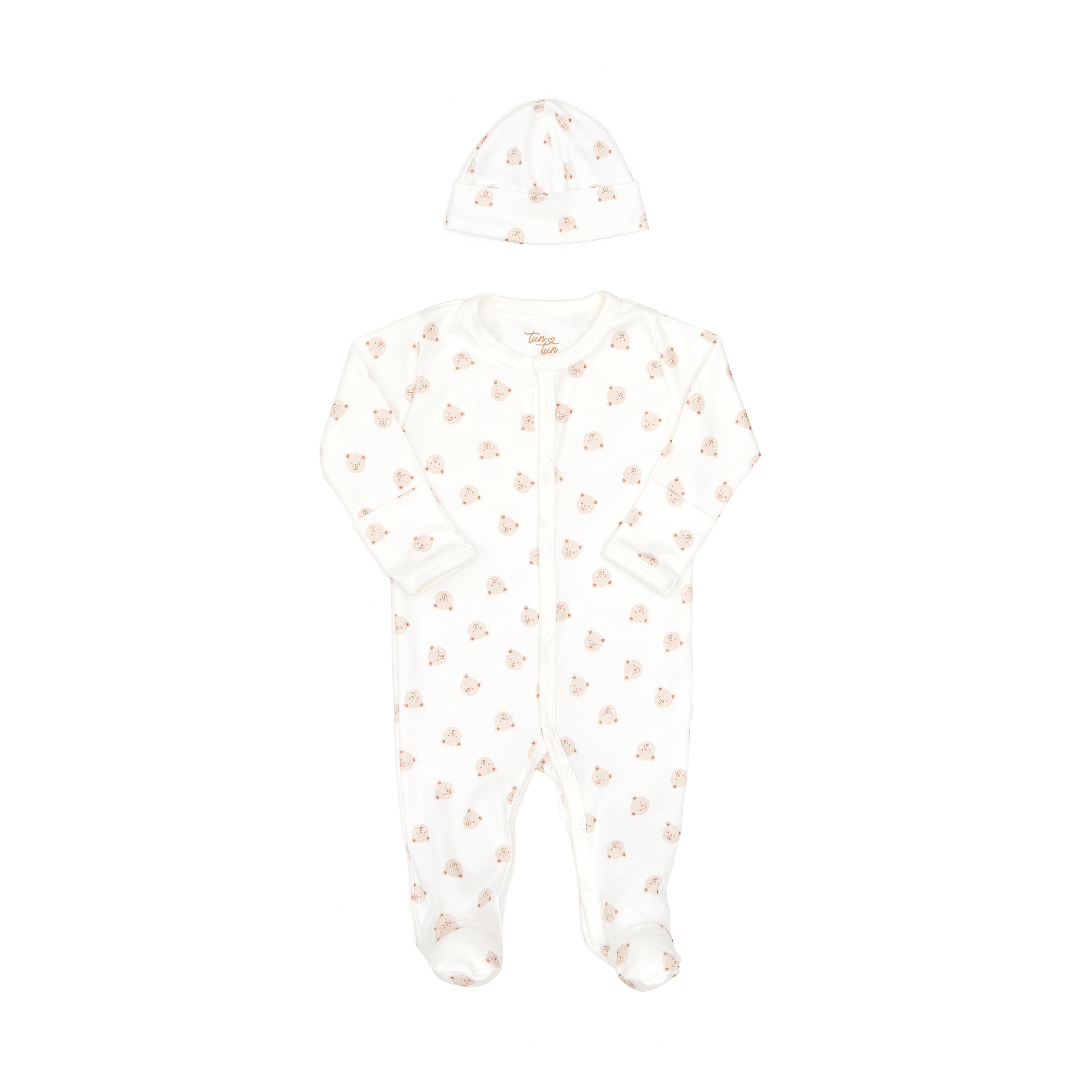 Ajuar 3pcs  Enterizo Broche + Gorro + Manta de Osos de Algodón Pima