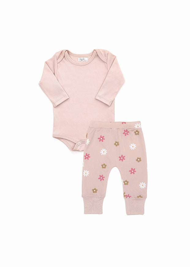 Set 2 pcs Body Rosado + Pantalon Rosado  Flores de Algodón Pima