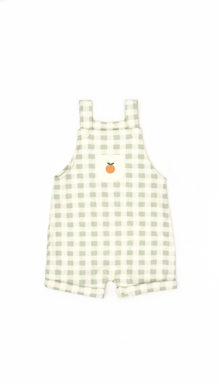 Conjunto 2PCS Body Perla Naranjas de Algodón Pima + Overall Cuadros Verde French Terry