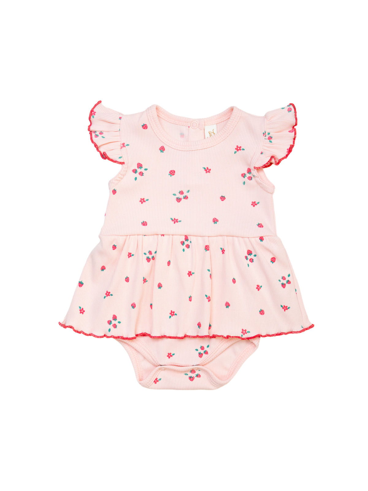 Body Vestido Manga Bobo Fresas y Flores Rosado de Algodón Rib