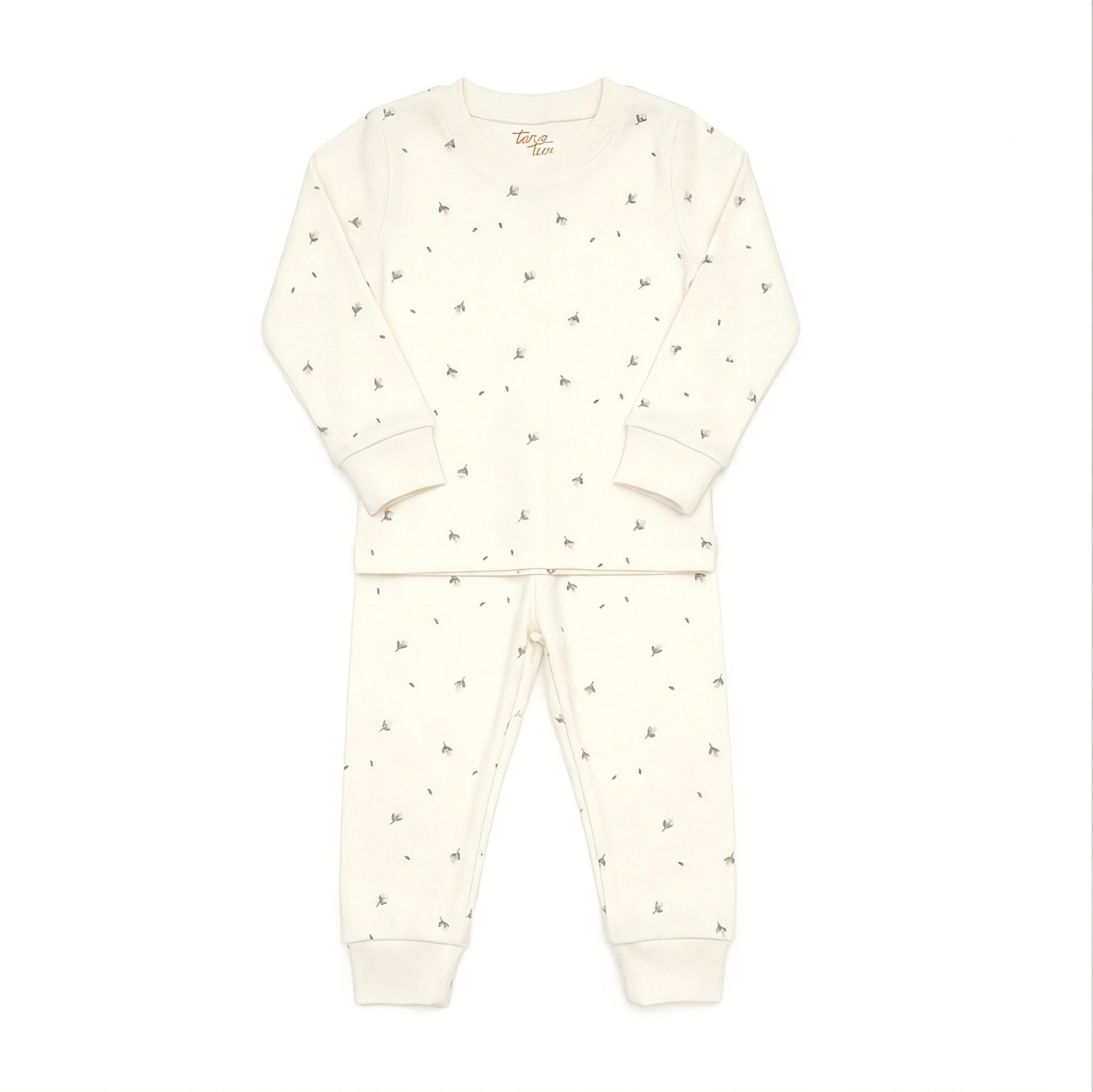 Pijama 2 pcs Polo Manga larga + Pantalon Crema flores de Algodón pima