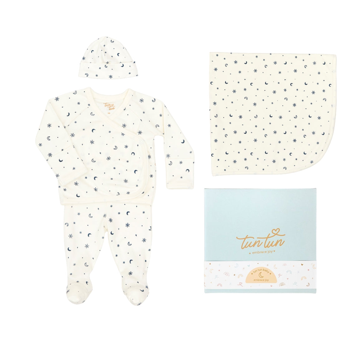 Ajuar Kimono + Pant + Gorro + Manta  Copos De Nieve de Algodón pima  + cajita de regalo
