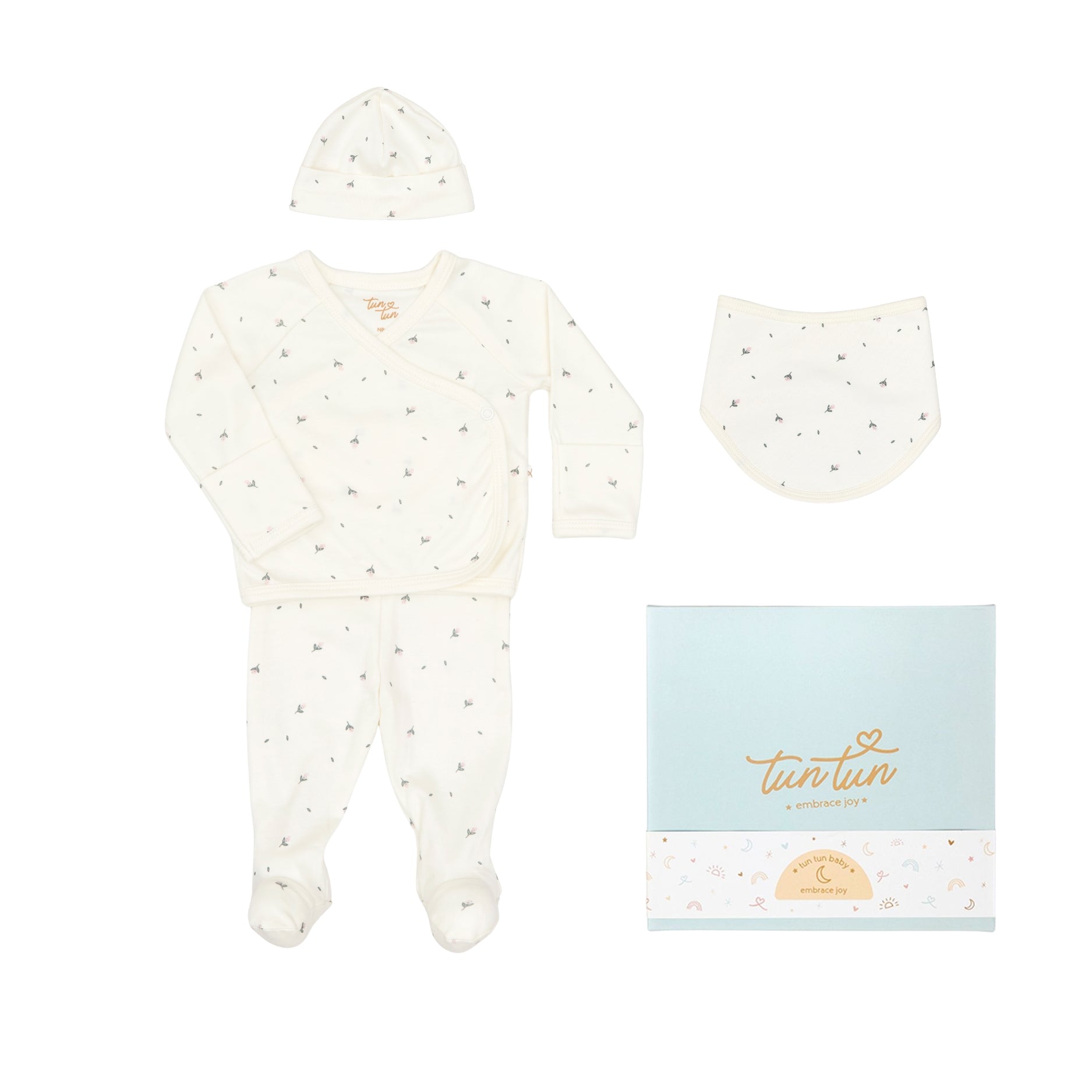 Ajuar 4pcs Kimono + Pant + Gorro + Babero de Flores de Algodón Pima
