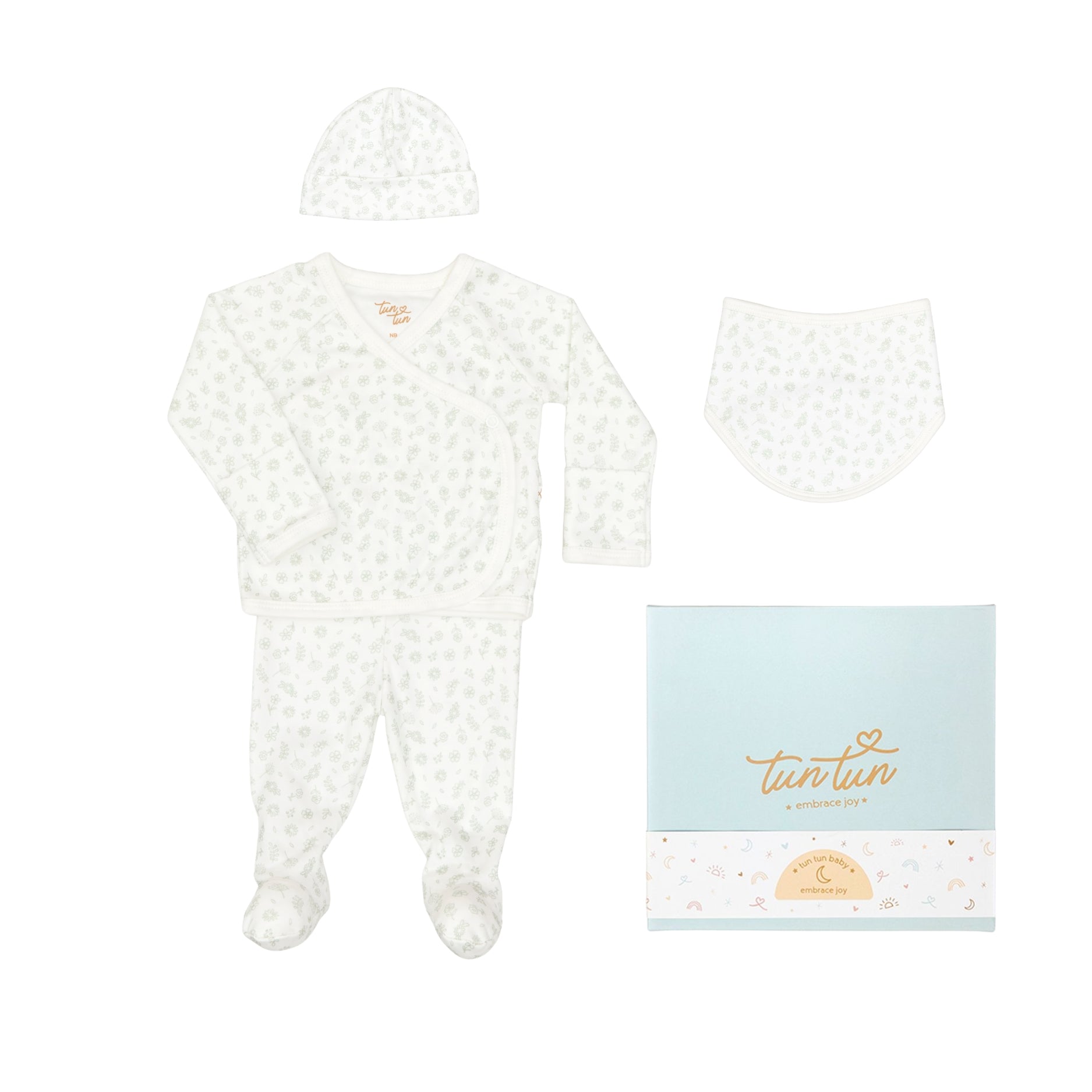 Ajuar 4pcs Kimono + Pant + Gorro + Babero de Flores Verde de Algodón Pima