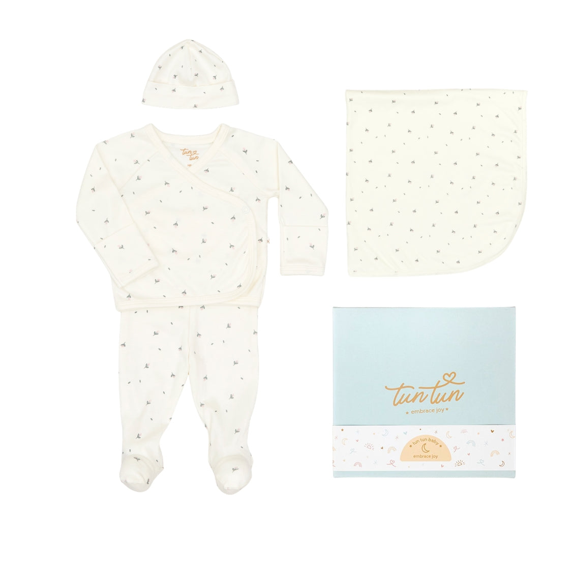 Ajuar  Kimono + Pant + Gorro + Manta Crema Flores de Algodón pima  + cajita de regalo