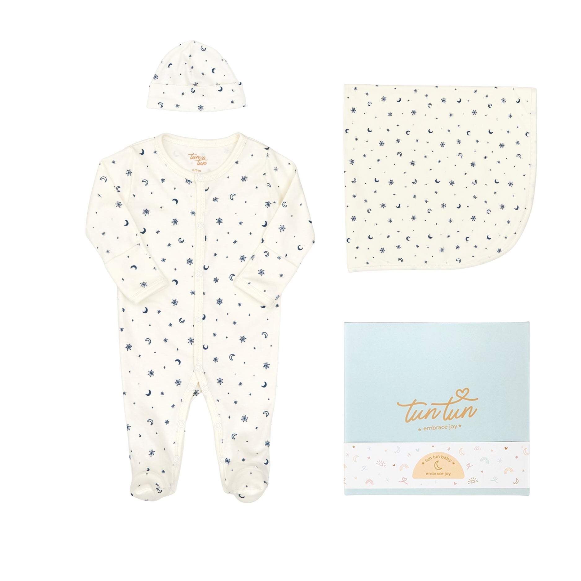 Ajuar 3pcs  Enterizo Broche + Gorro + Manta de Copos De Nieve de Algodón Pima