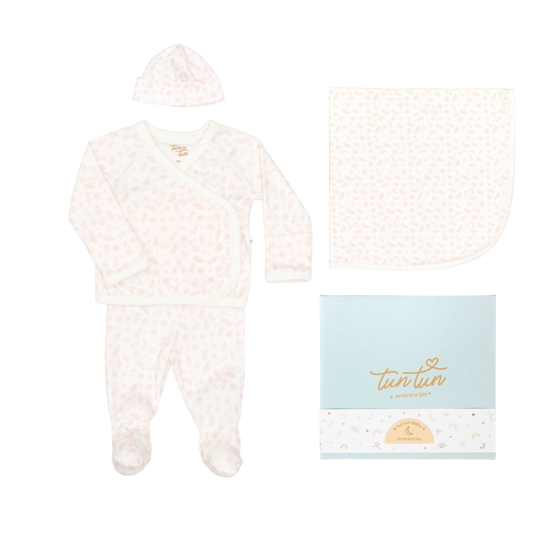 Ajuar Kimono + Pant+ Gorro + Manta Flores Rosadas de Algodón pima  + cajita de regalo