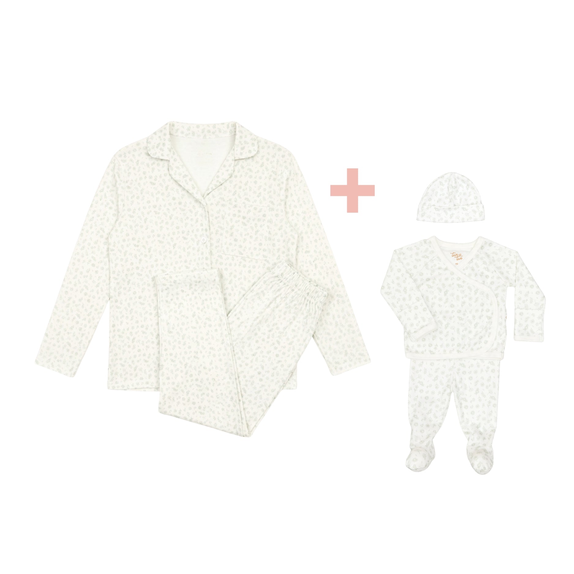 Pijama Mamá + Set 3 Pcs Kimono + Pant + Gorro Flores Verde de Algodón Pima