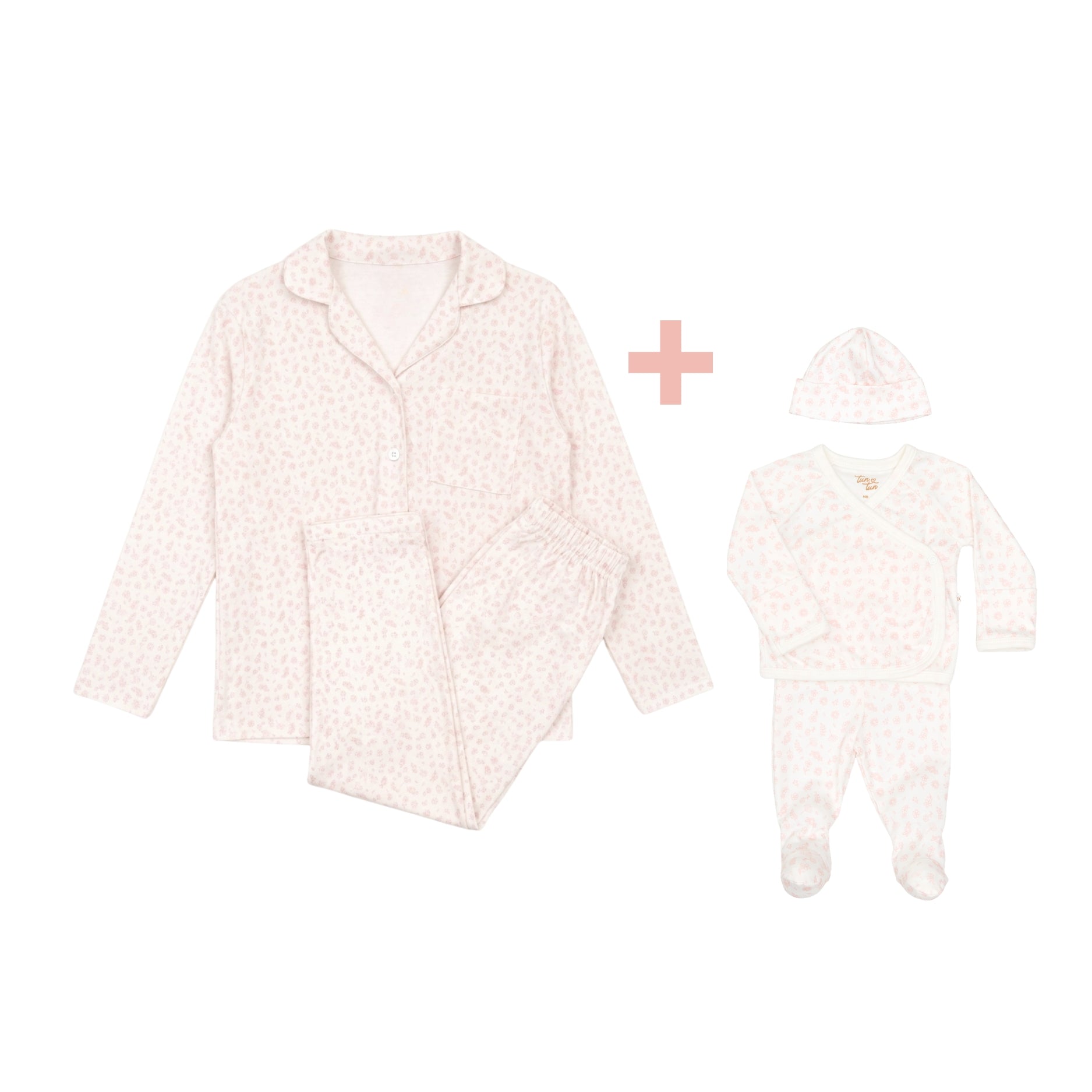 Pijama Mamá + Set 3 Pcs Kimono + Pant + Gorro Flores Rosadas de Algodón Pima