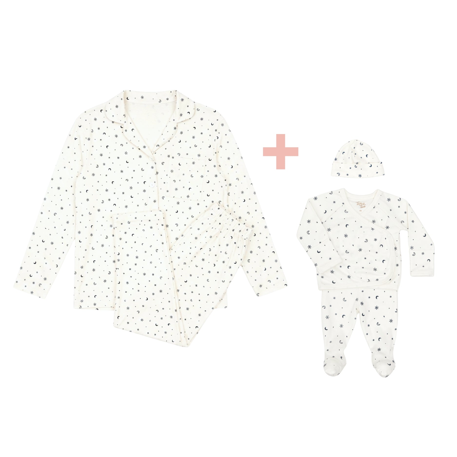 Pijama Mamá + Set 3 Pcs Kimono + Pant + Gorro Copos de Nieve de Algodón Pima