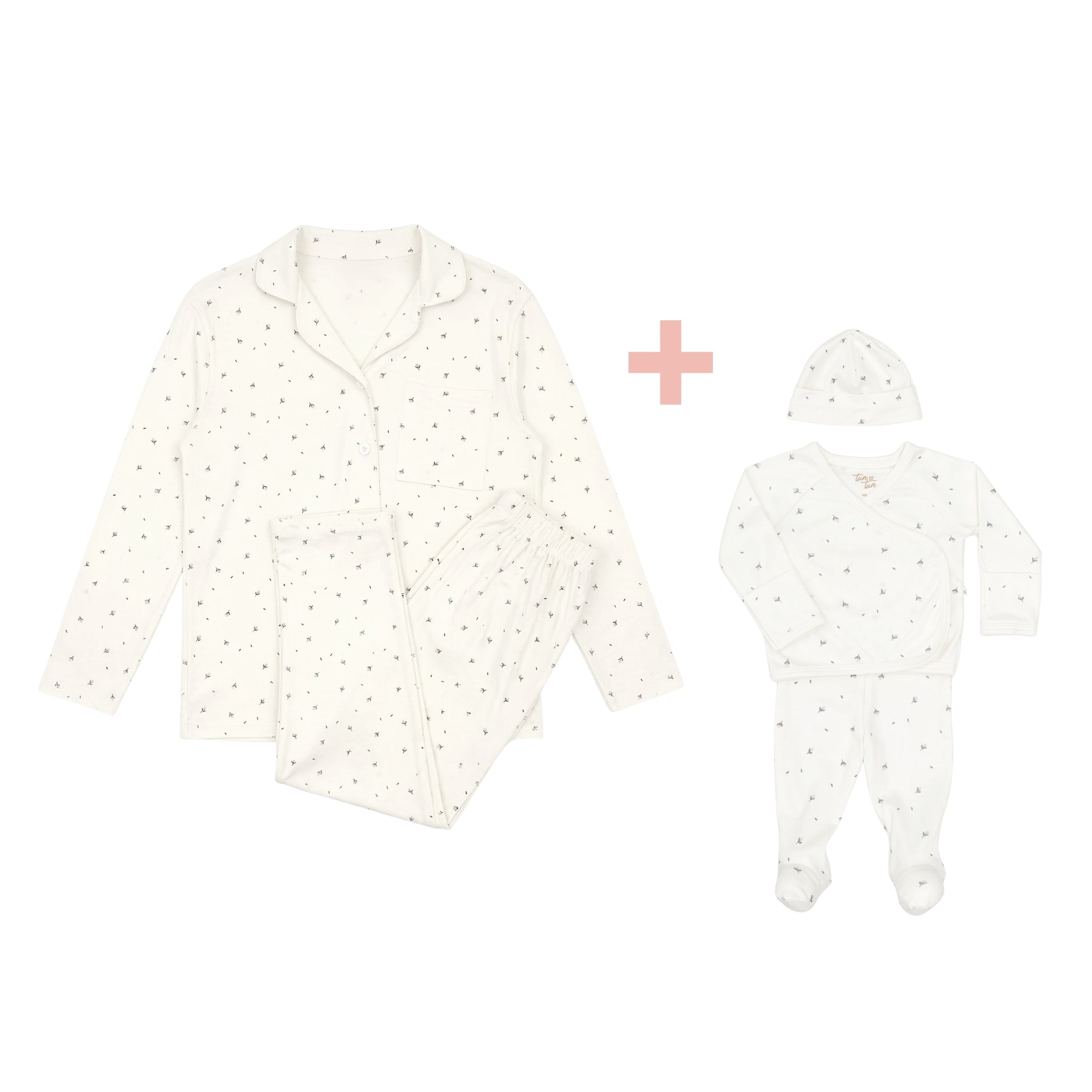 Pijama Mamá + Set 3 Pcs Kimono + Pant + Gorro Crema Flores de Algodón Pima