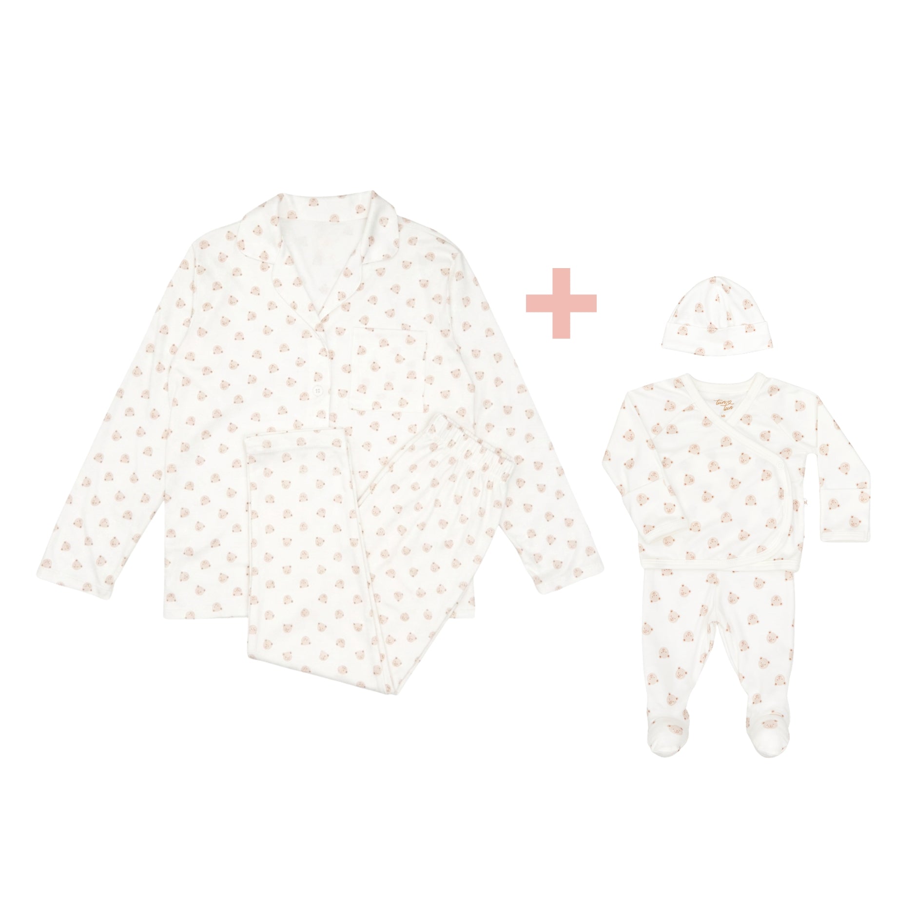Pijama Mamá + Set 3 Pcs Kimono + Pant + Gorro Osos de Algodón Pima