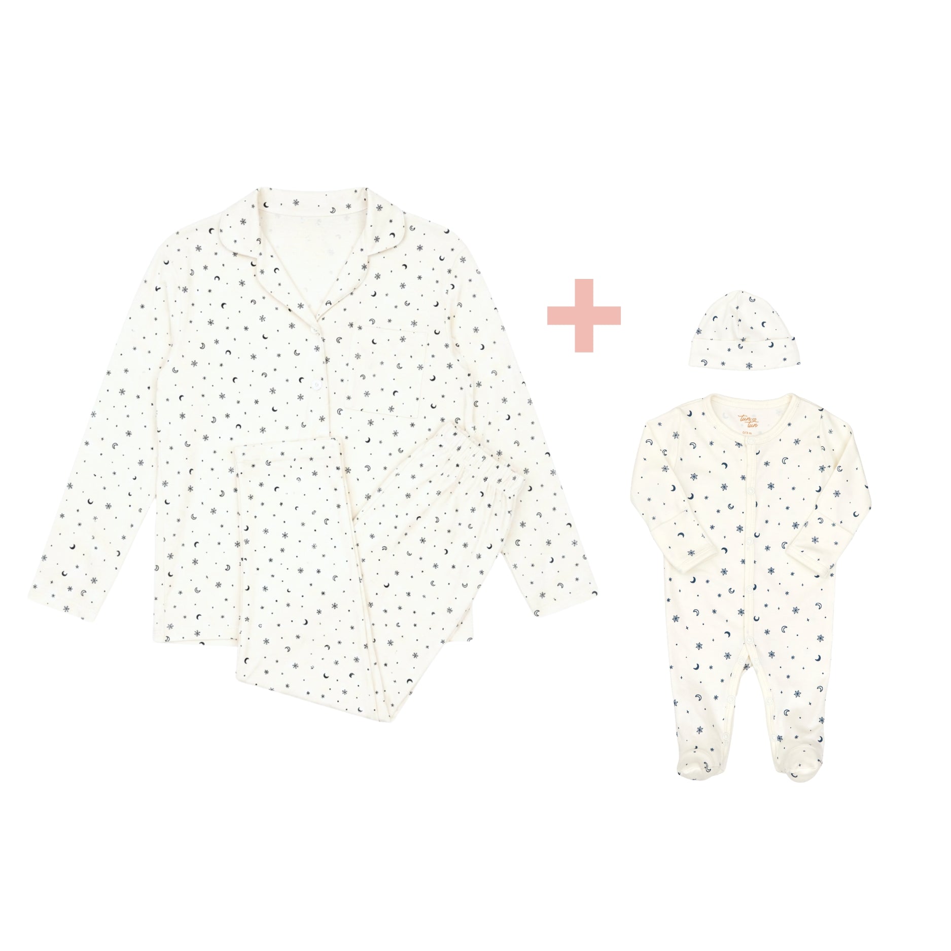 Pijama Mamá + Set 2 Pcs Enterizo Broches + Gorro Copos de Nieve de Algodón Pima