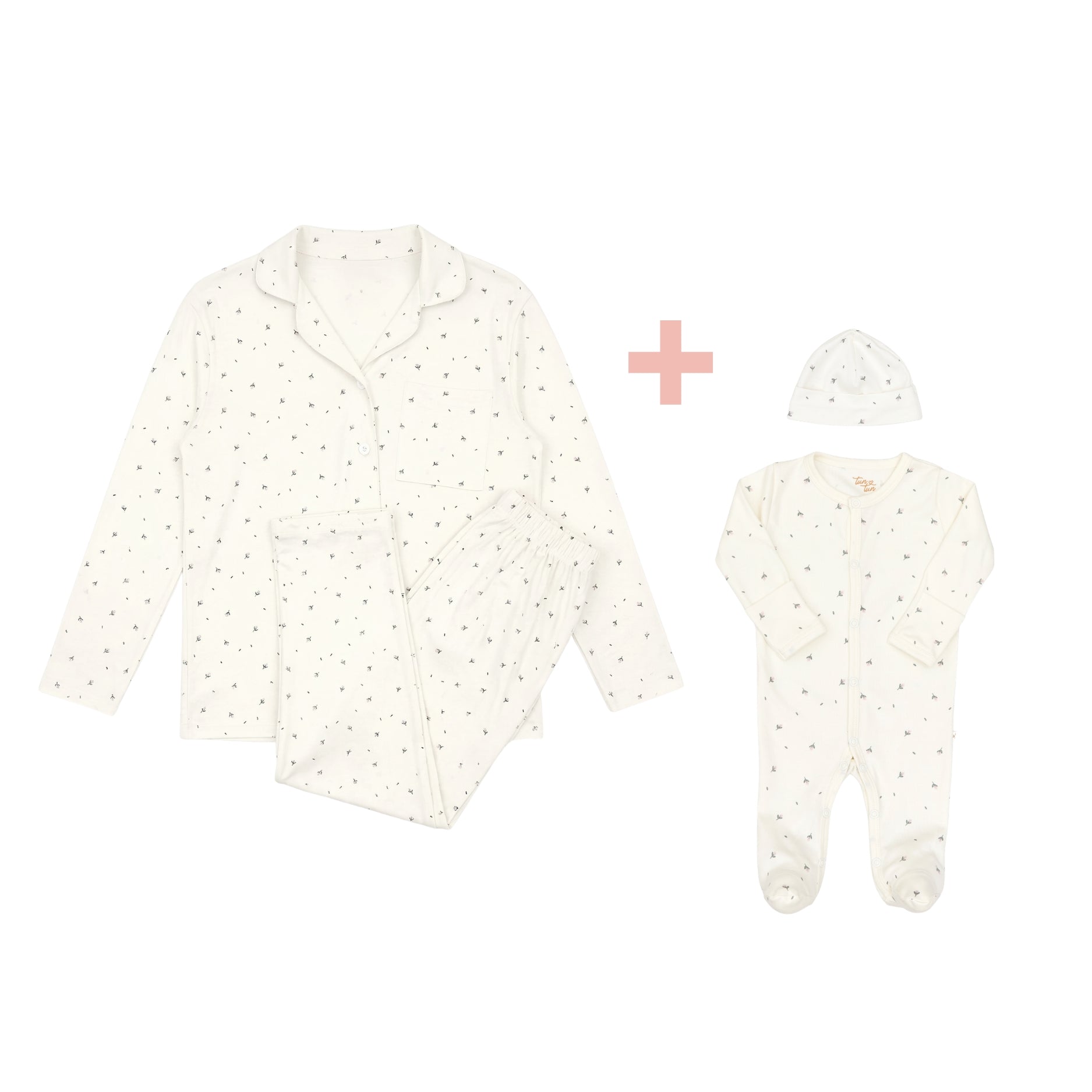 Pijama Mamá + Set 2 Pcs Enterizo Broches + Gorro Flores de Algodón Pima