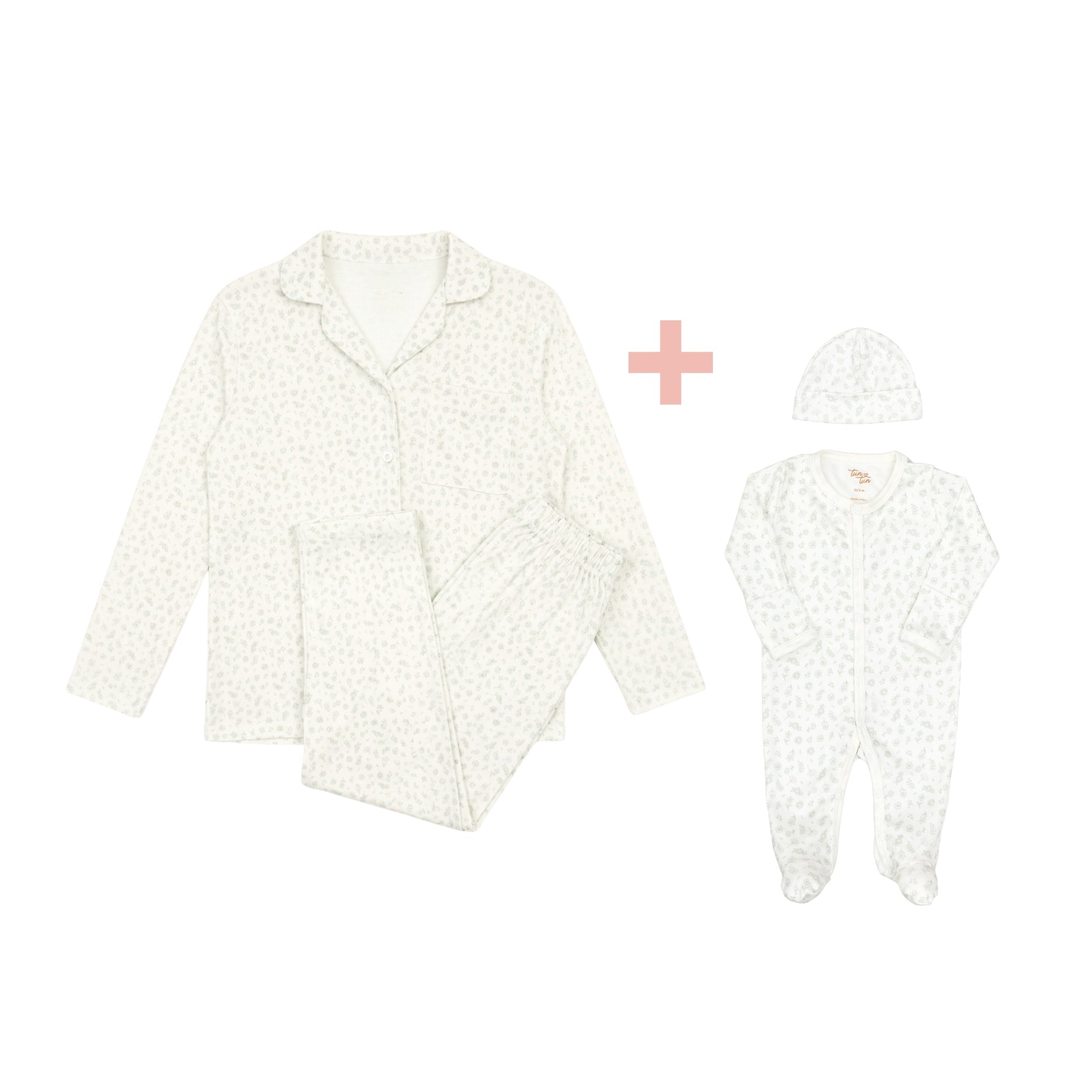 Pijama Mamá + Set 2 Pcs Enterizo Broches + Gorro Flores verde de Algodón Pima