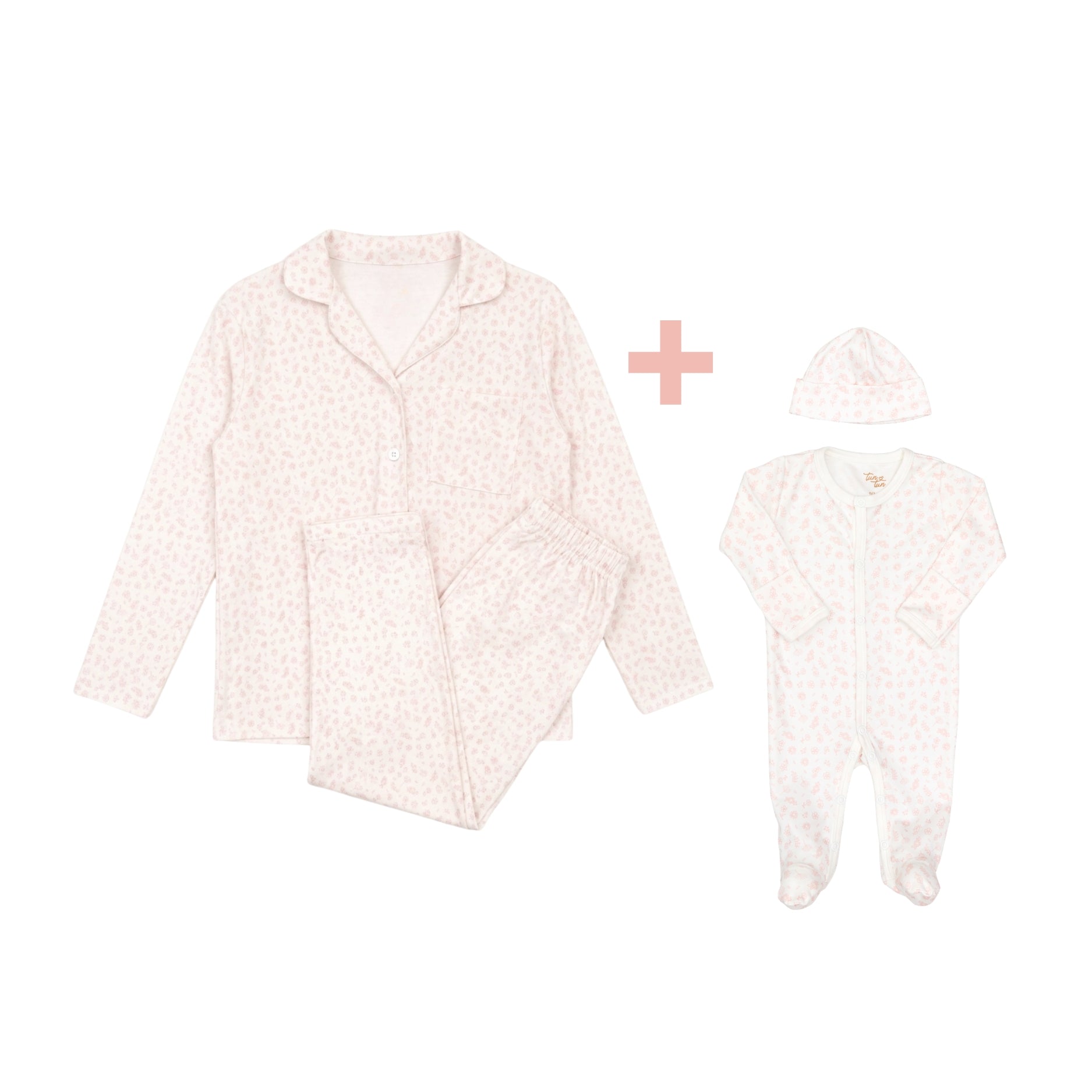 Pijama Mamá + Set 2 Pcs Enterizo Broches + Gorro Flores Rosadas de Algodón Pima