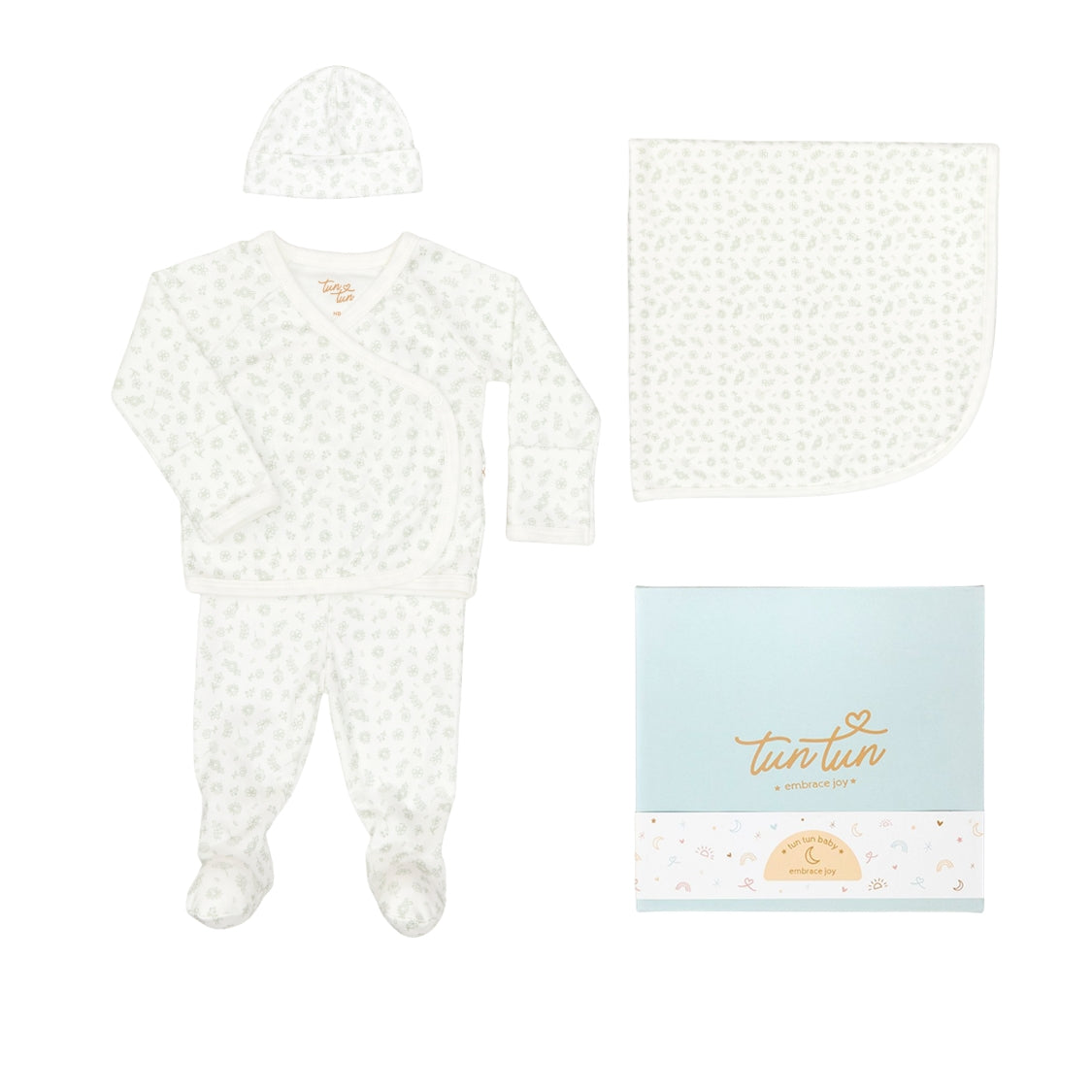 Ajuar Kimono + Pant + Gorro + Manta Flores Verdes de Algodón pima  + cajita de regalo