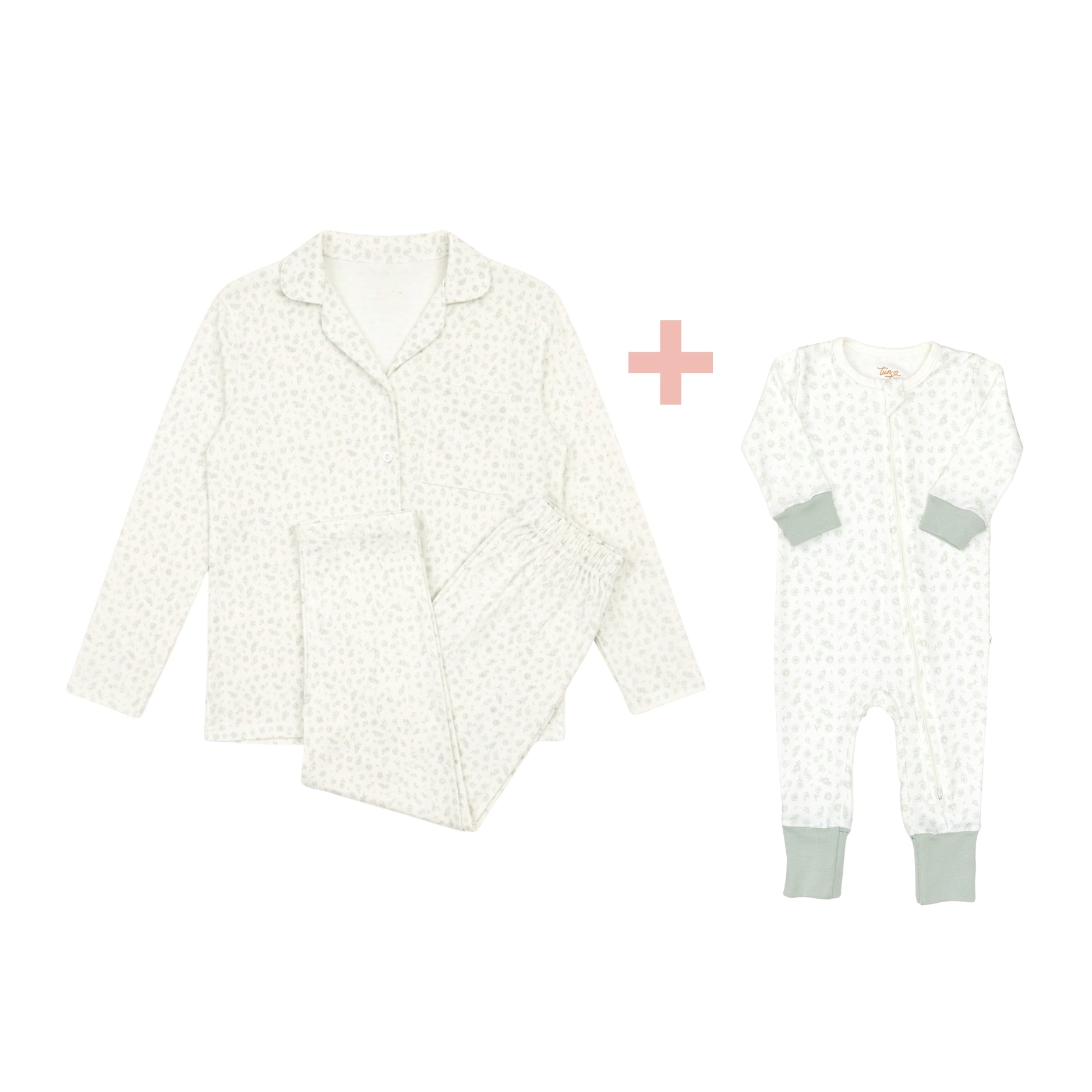 Pijama Mamá + Romper Cierre Flores Verdes de Algodón Pima