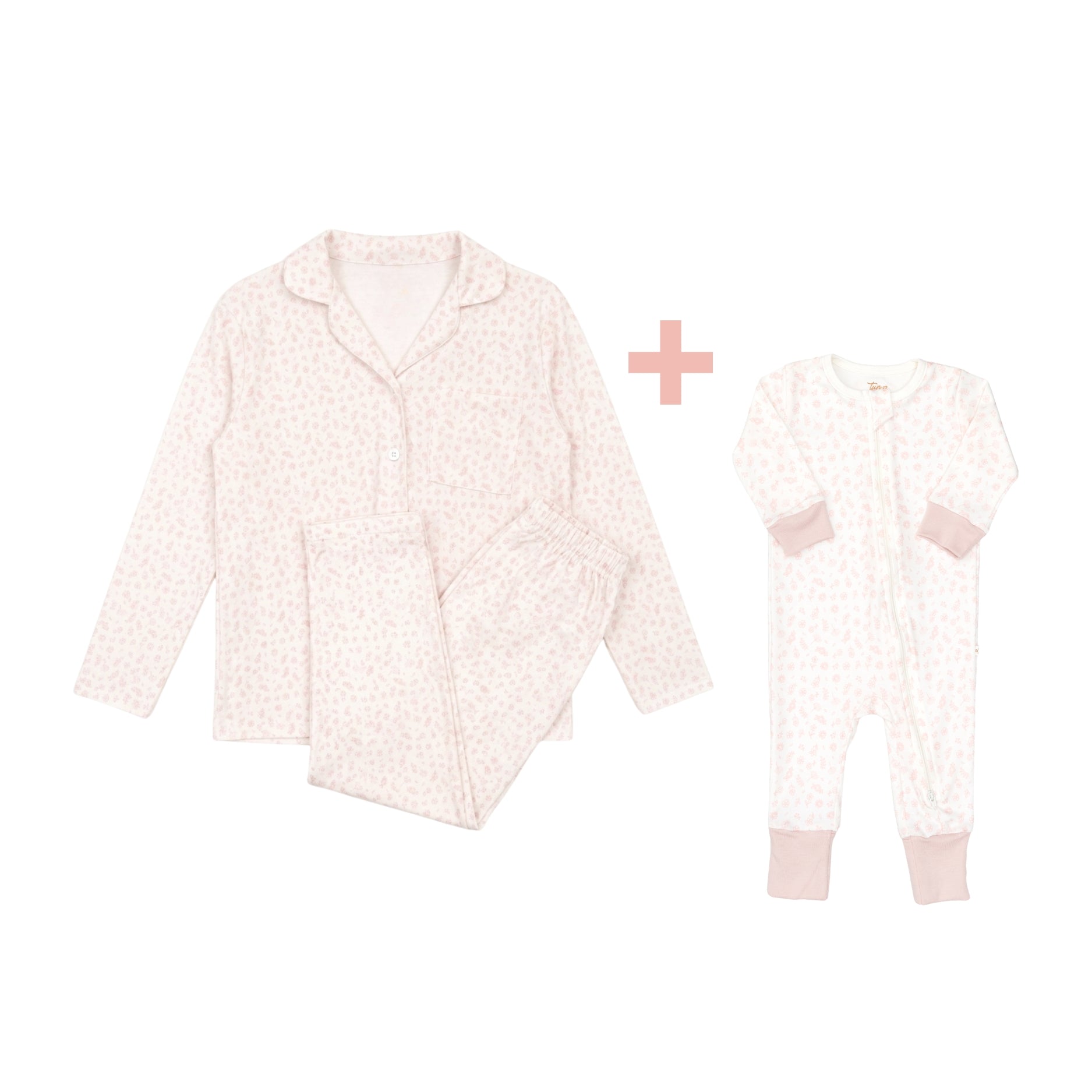 Pijama Mamá + Romper Cierre Flores Rosadas de Algodón Pima