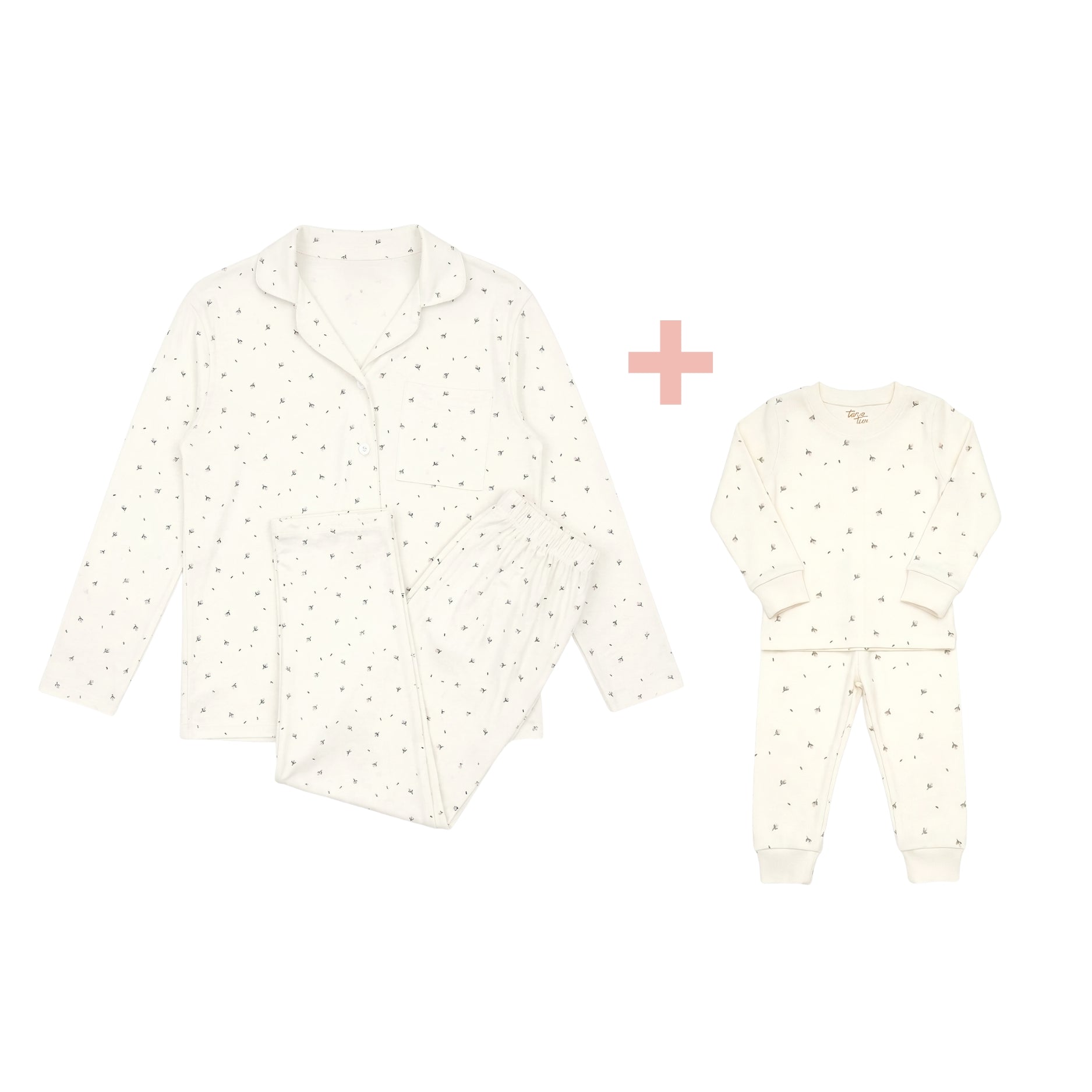 Pijama Mamá + Pijama 2 pcs Polo Manga larga + Pantalon flores de Algodón pima