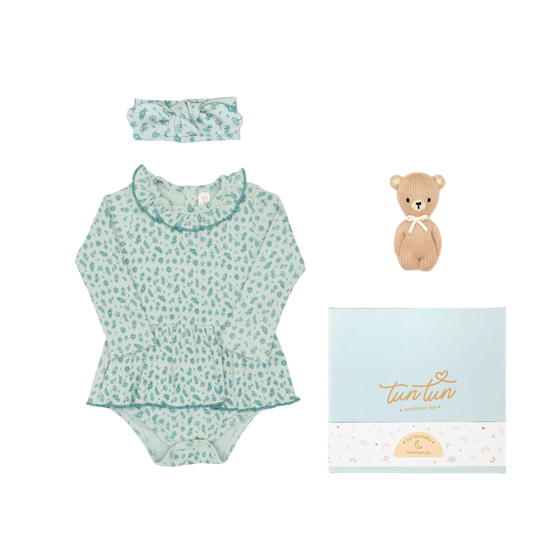 Ajuar 3pcs  Body Vestido + Vincha Flores Jade de Algodón Rib + Osito Algodón Pima