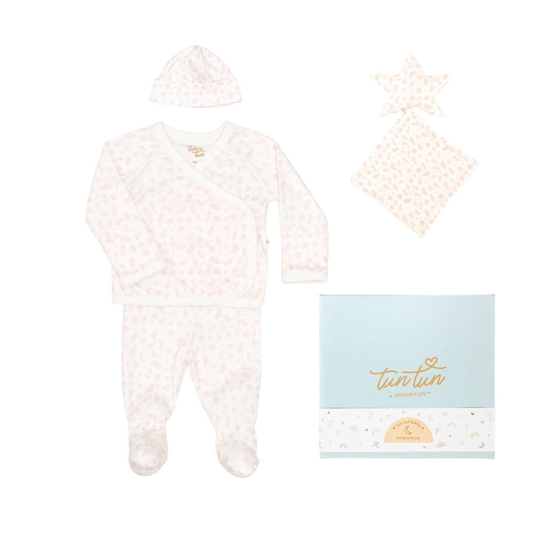 Ajuar Kimono + Pant+ Gorro + Mantita De Apego Flores Rosadas de Algodón pima + cajita de regalo