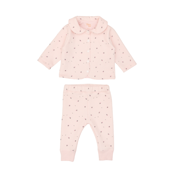 Conjunto 2pcs Chaqueta Cuello Bebe + Pant de Algodón Jacquard Rosado Flores