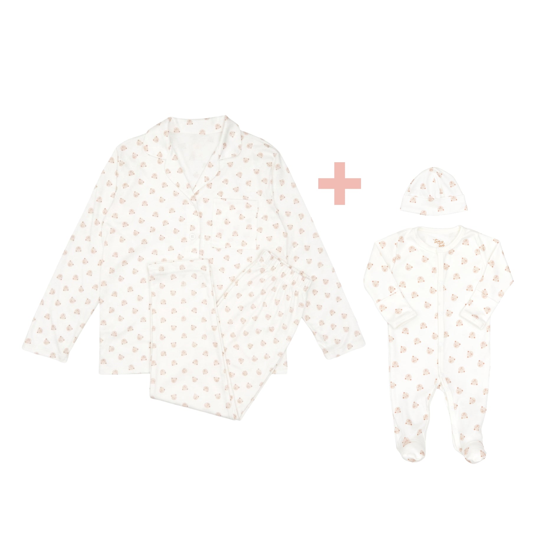 Pijama Mamá + Set 2 Pcs Enterizo Broches + Gorro Perla Osos de Algodón Pima