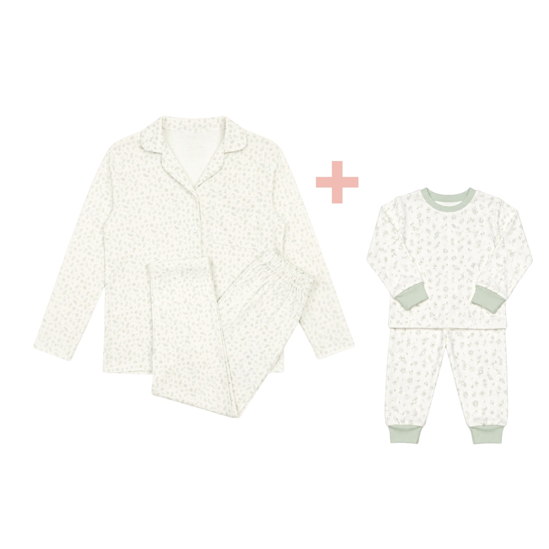 Pijama Mamá + Pijama 2 pcs Polo Manga larga + Pantalon Flores Verdes de Algodón pima