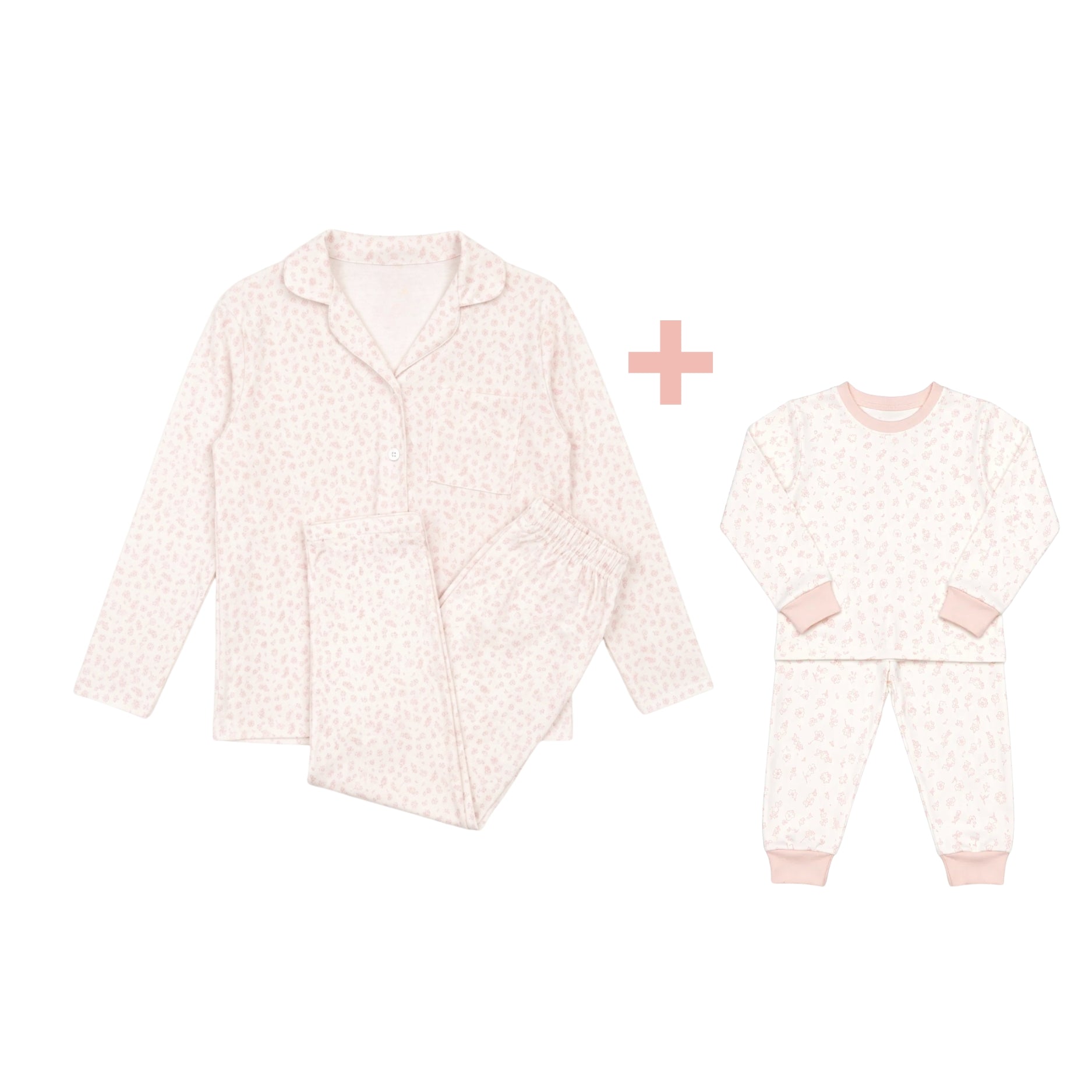 Pijama Mamá + Pijama 2 pcs Polo Manga larga + Pantalon Flores Rosada de Algodón pima