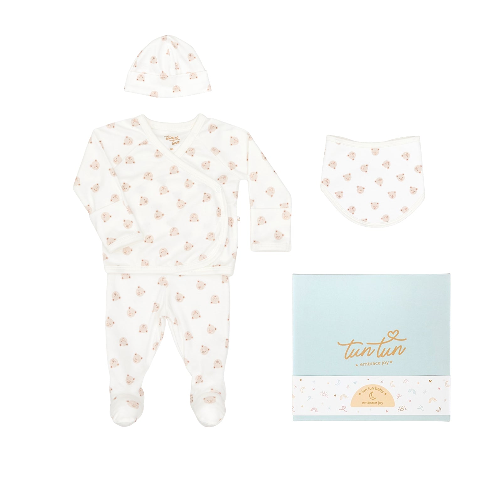 Ajuar 4pcs Kimono + Pant + Gorro + Babero de Osos de Algodón Pima