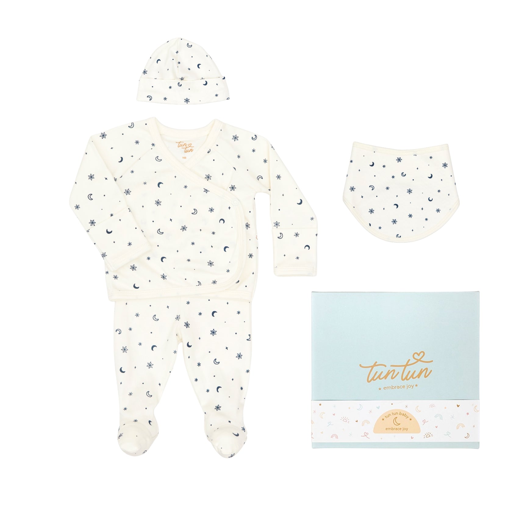 Ajuar 4pcs Kimono + Pant + Gorro + Babero de Estrellas de Algodón Pima