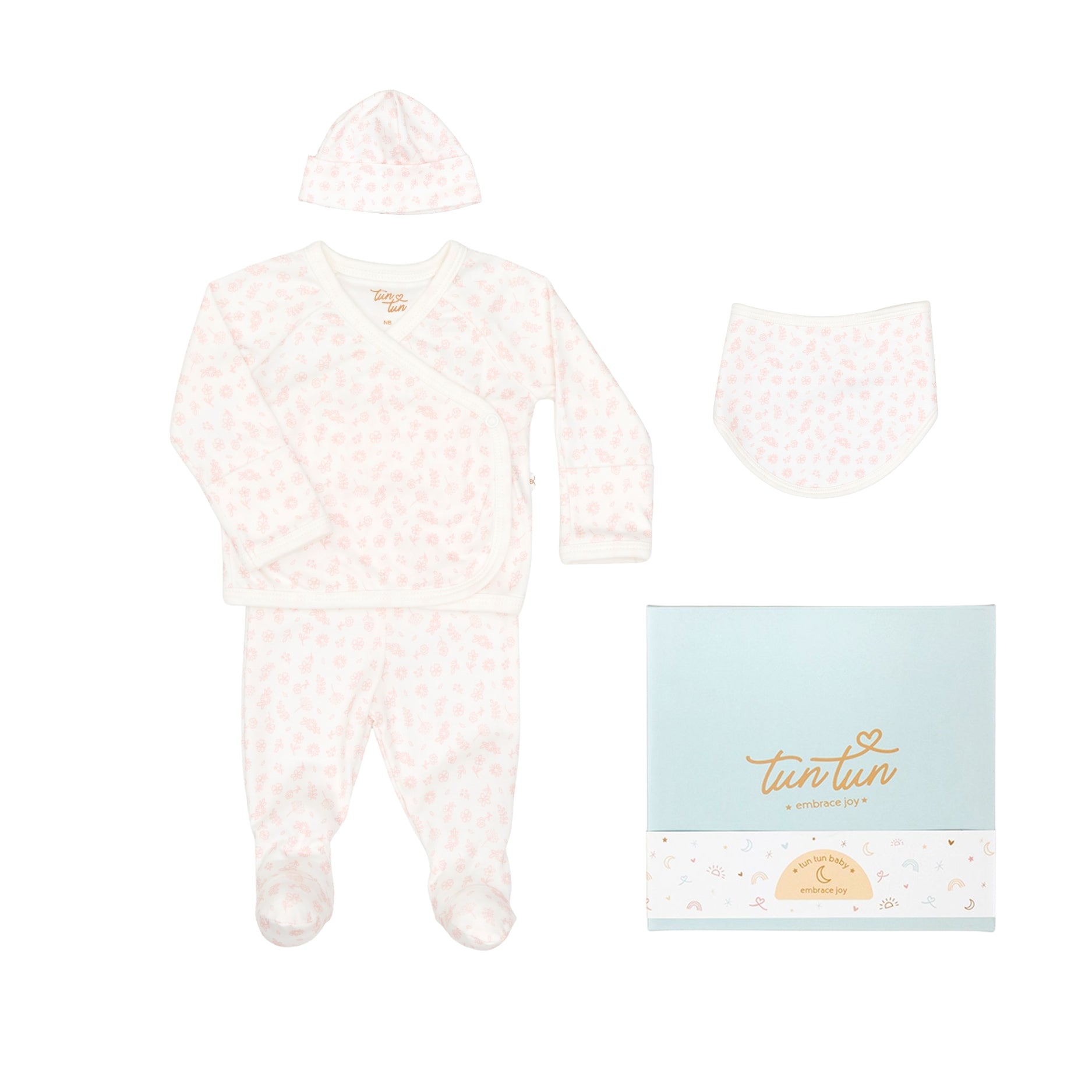 Ajuar 4pcs Kimono + Pant + Gorro + Babero de Flores Rosadas de Algodón Pima