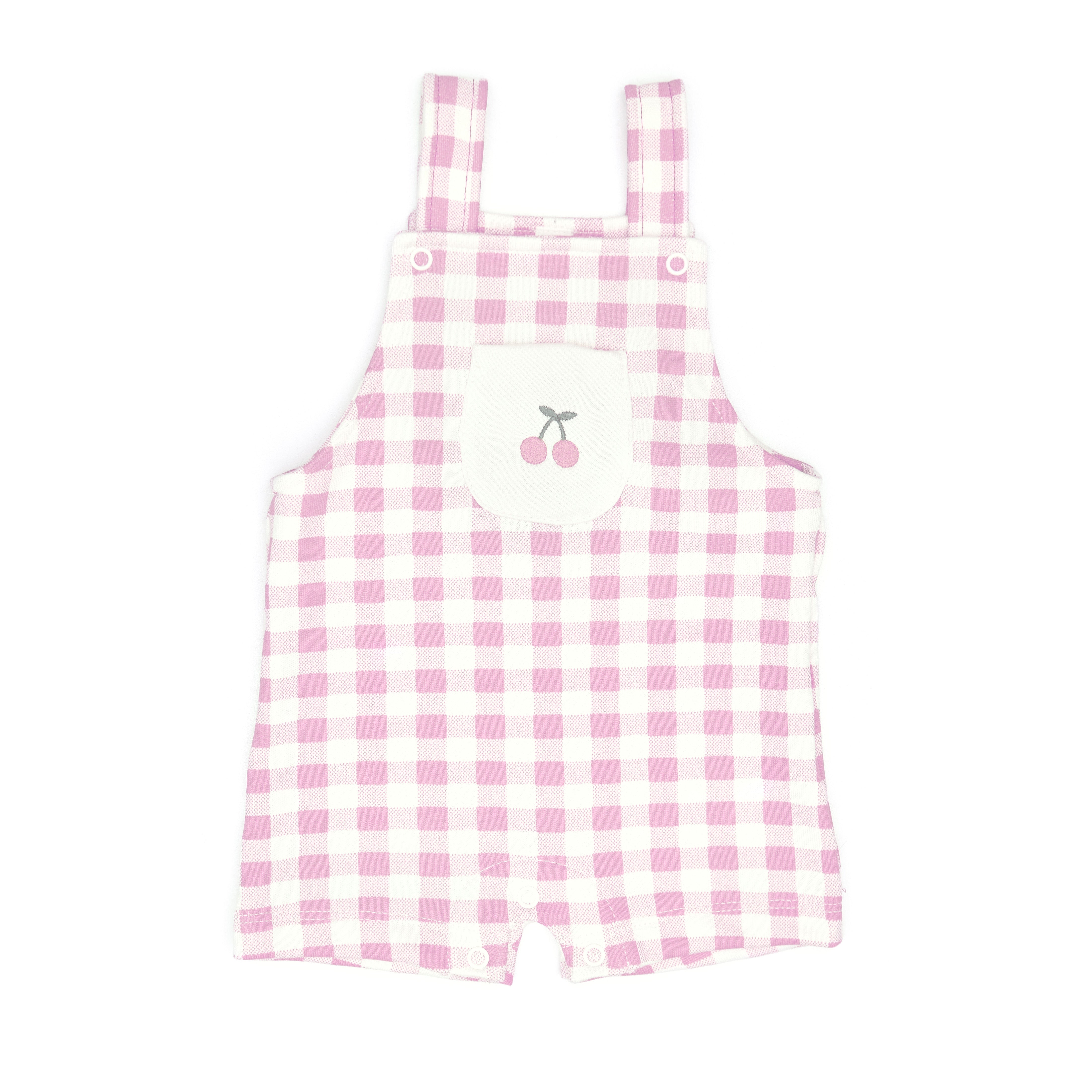 Conjunto 2PCS Body Bobo  Cerezas Fucsia de Algodón Pima + Overall Cuadros Fucsia French Terry
