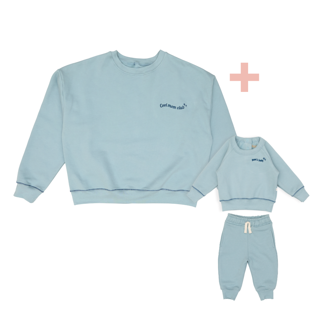 Polera Match Oversize Acero  Mamá  + Set Polera Bebé + Buzo Acero de Algodón Afranelado