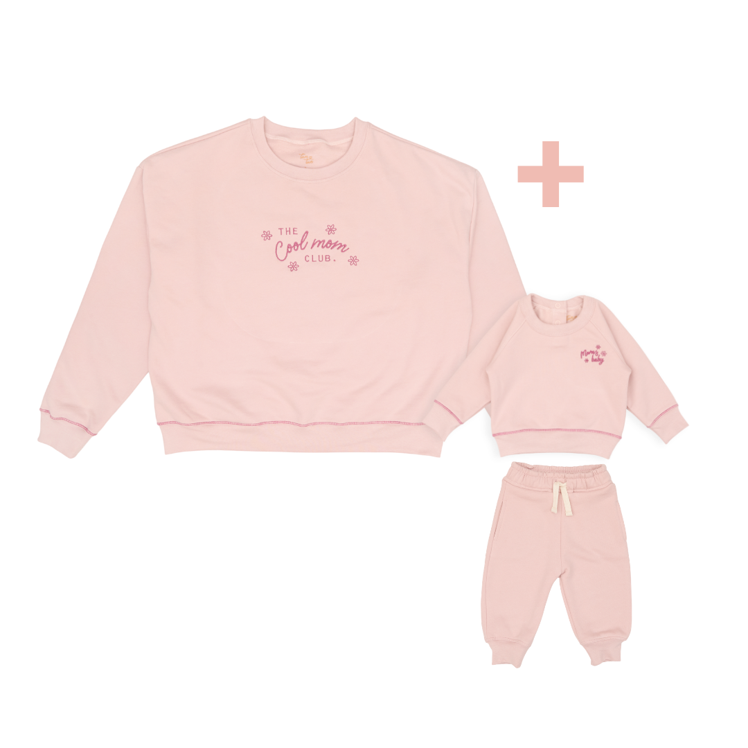 Polera Match Oversize Rosado  Mamá  + Set Polera Bebé + Buzo Rosado de Algodón Afranelado