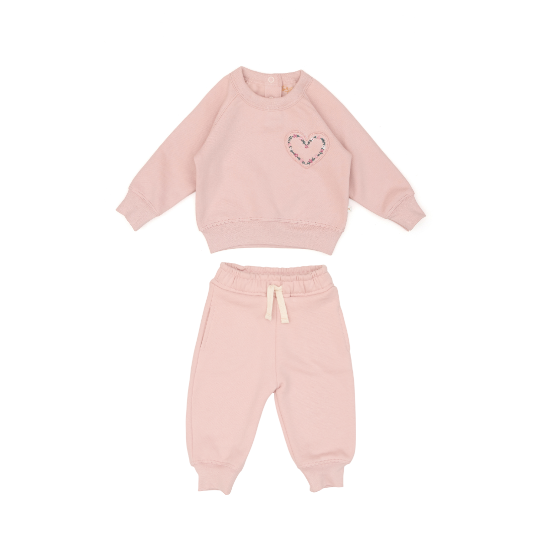 Conjunto 2pcs Polera Corazon + Buzo Rosado de Algodón afranelado