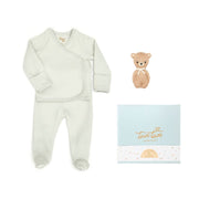 Ajuar Kimono Jacquar Celeste + Sonaja Osito + Cajita de Regalo