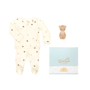 AJUAR KIMONO DE ALGODÓN PIMA + OSITO SONAJA + CAJITA DE REGALO