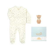 Ajuar Kimono Jacquar Flores + Sonaja Osito + Cajita de Regalo